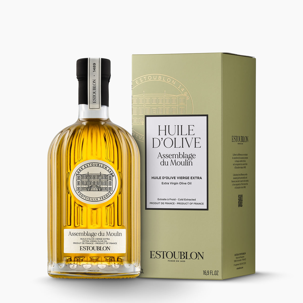 500 ml bottle of Estoublon Assemblage du Moulin extra virgin olive oil and its gift box.