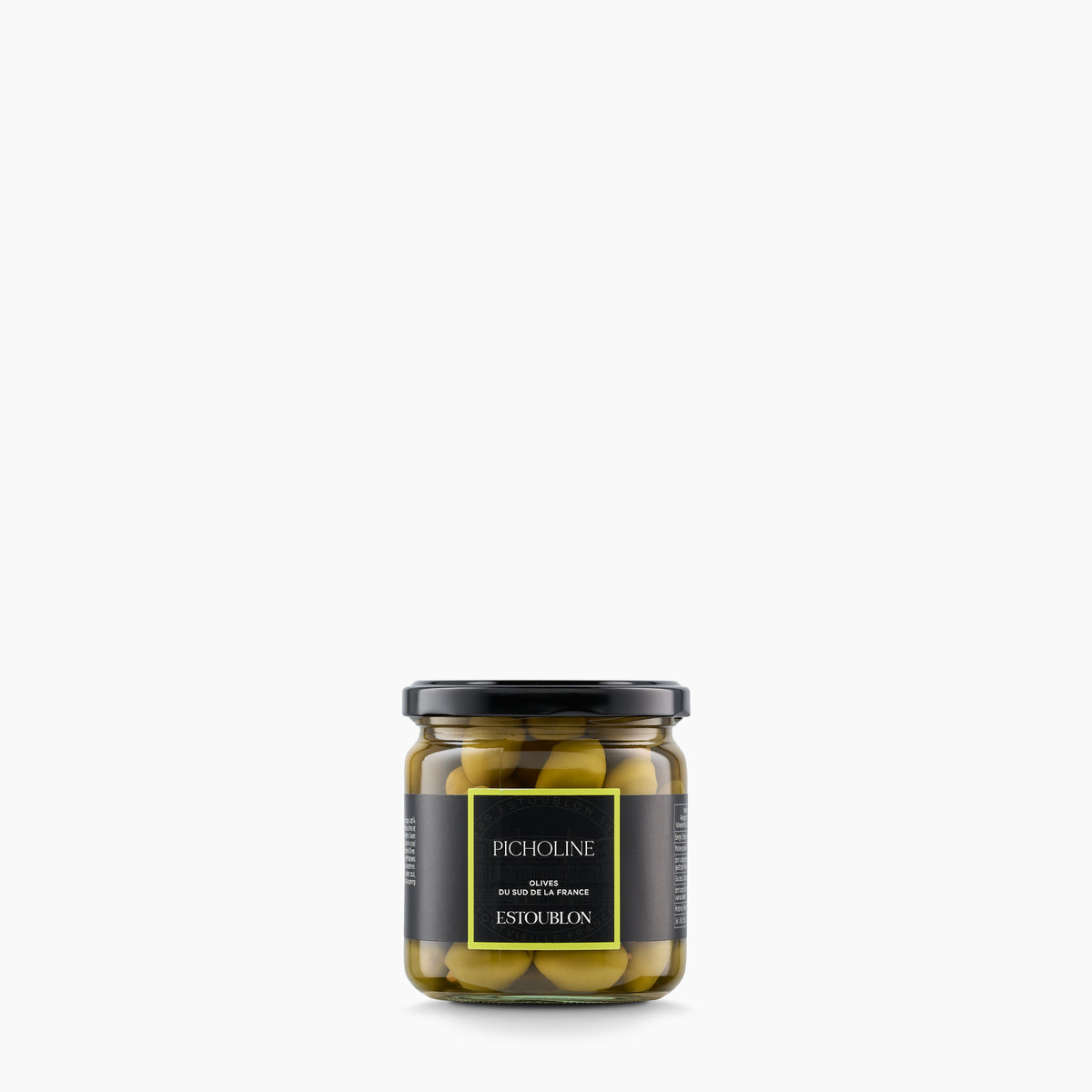 Estoublon Picholine Olives from France in a 360g glass jar.
