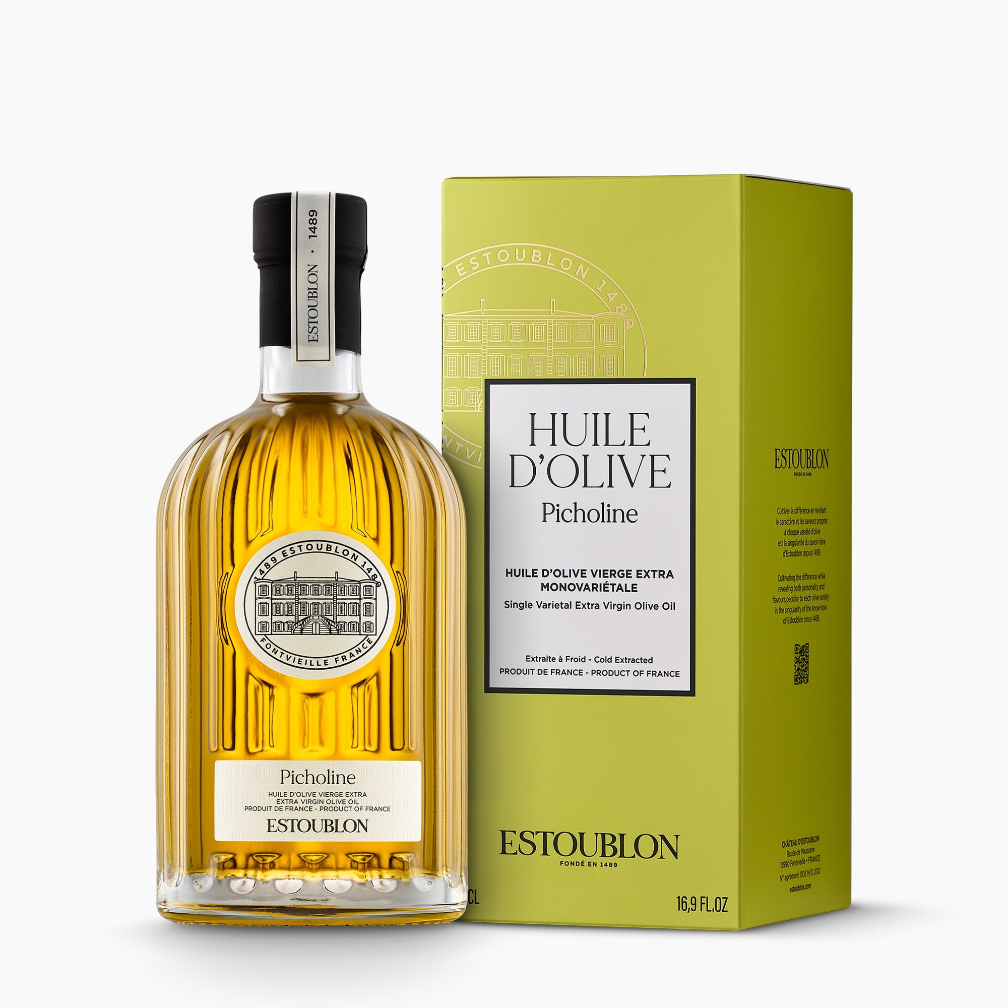 Estoublon Picholine 500 ml French extra virgin olive oil bottle beside its elegant gift box.