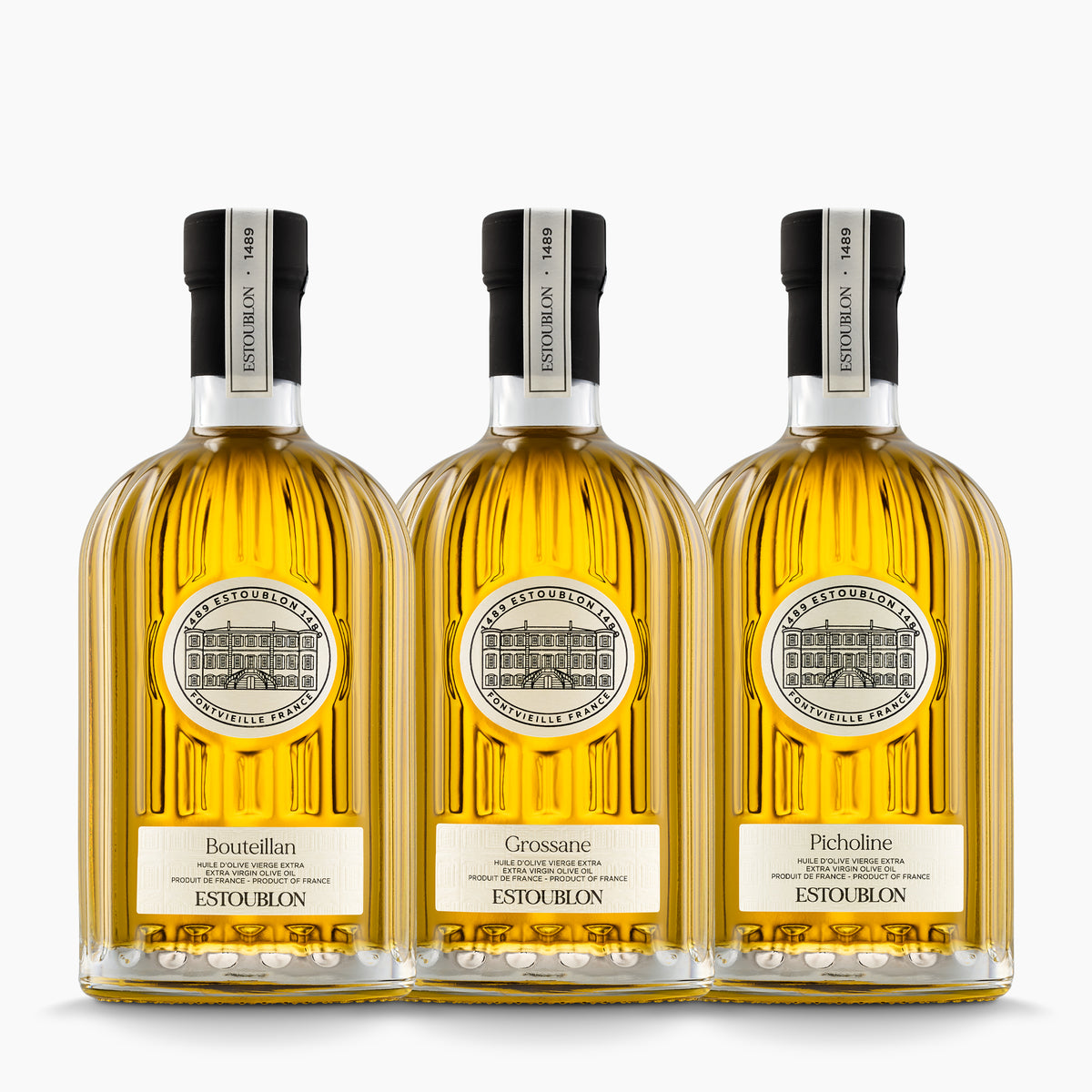 Three 500 ml olive oil bottles from Estoublon; Bouteillan, Grossane, and Picholine.