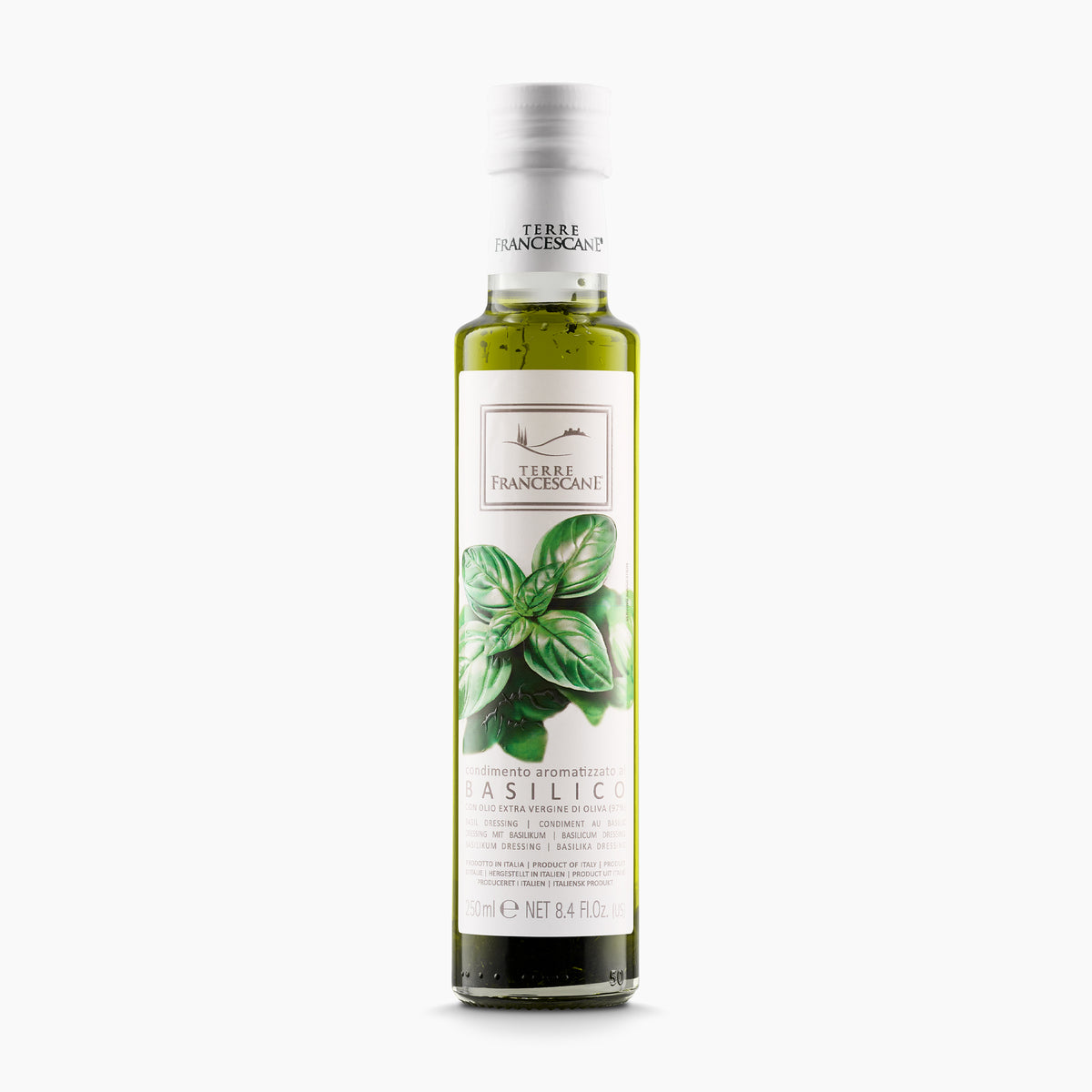 250 ml bottle of Terre Francescane Basil infused extra virgin olive oil from Umbria, Italy.