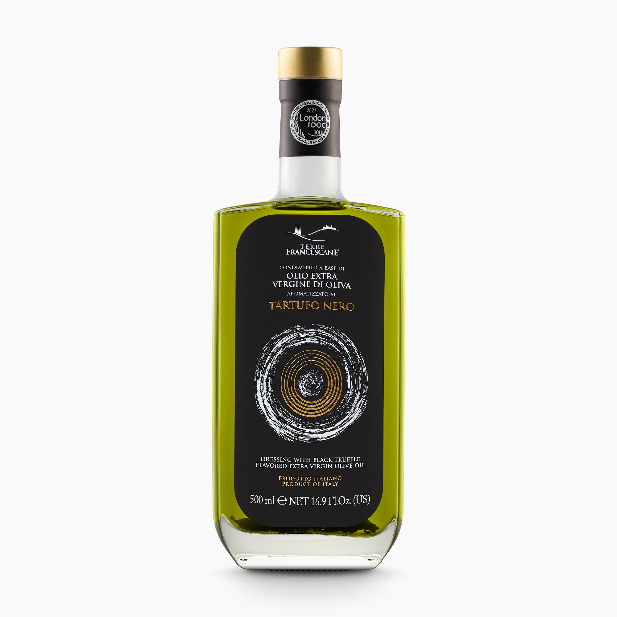 Terre Francescane Black Truffle 500 ml flavored extra virgin olive oil from Umbria, Italy.