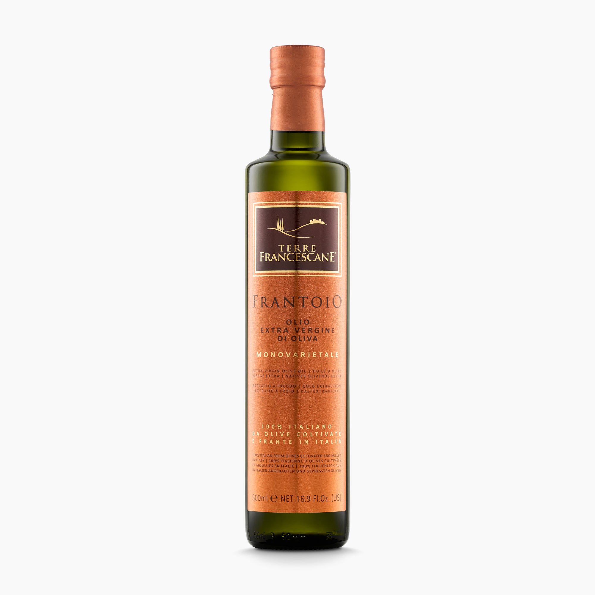 500 ml bottle of Terre Francescane Frantoio extra virgin olive oil from Umbria, Italy.