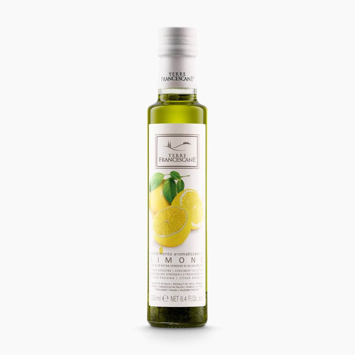 250 ml bottle of Terre Francescane Lemon infused extra virgin olive oil from Umbria, Italy.