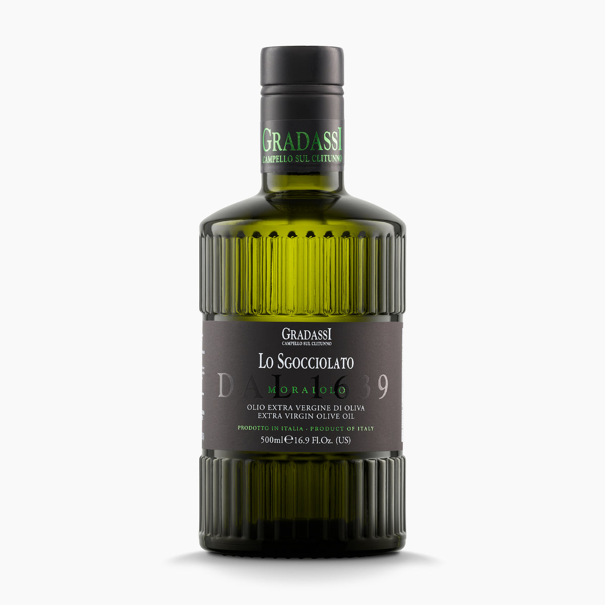 500 ml bottle of Gradassi Lo Sgocciolato Moraiolo extra virgin olive oil from Umbria, Italy.