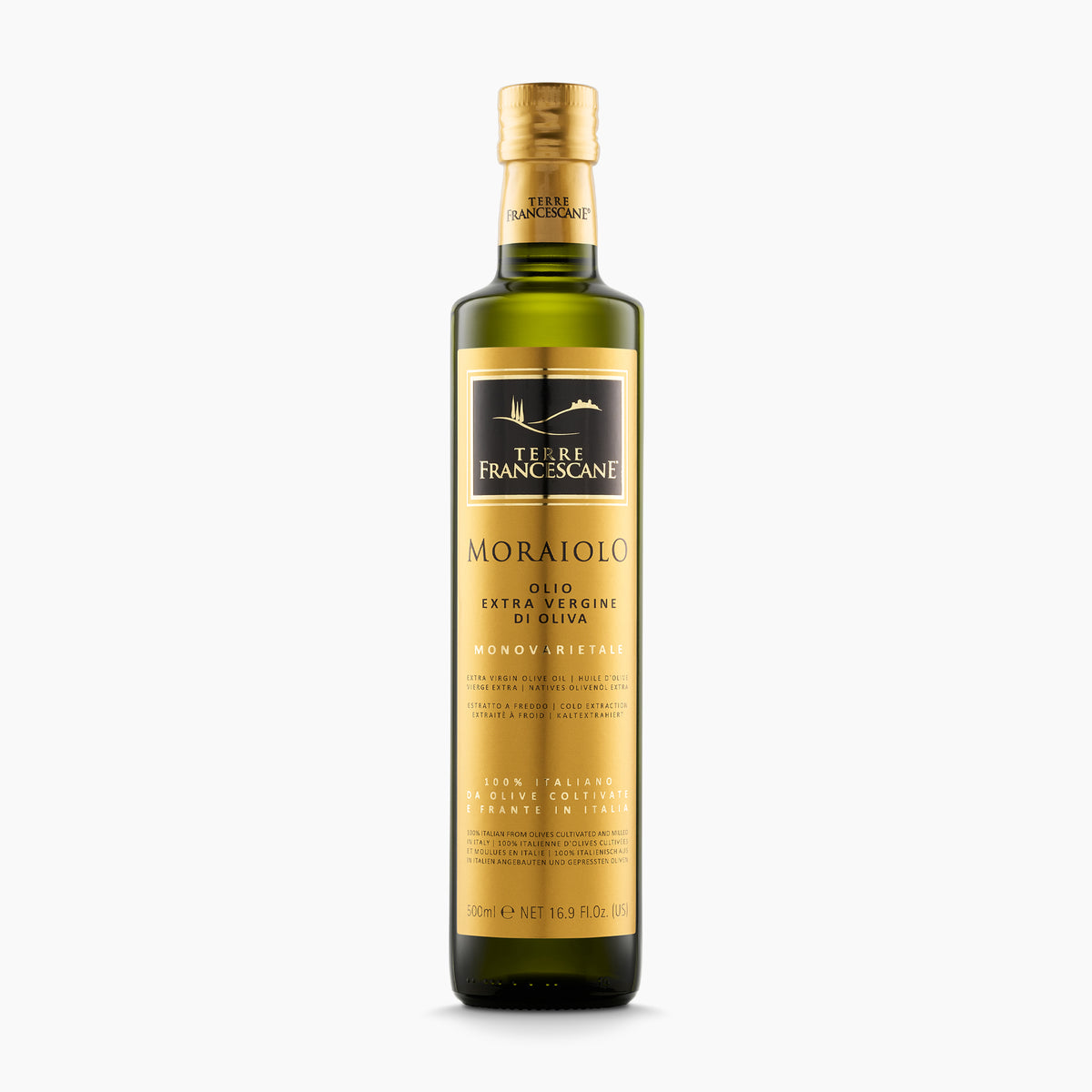 Terre Francescane Moraiolo 500 ml extra virgin olive oil bottle from Umbria, Italy.