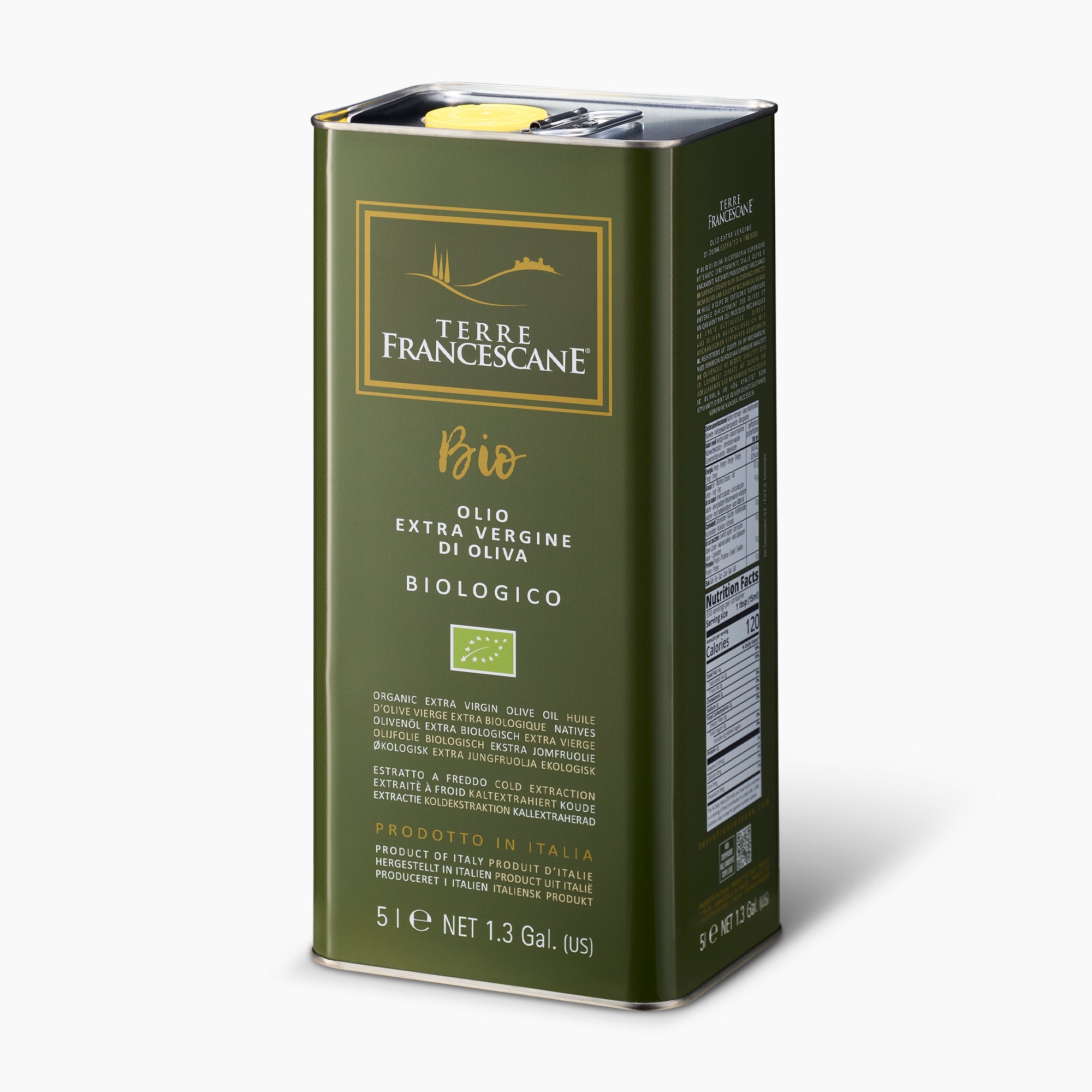 Angled view of Terre Francescane Organic 5L Tin extra virgin olive oil.