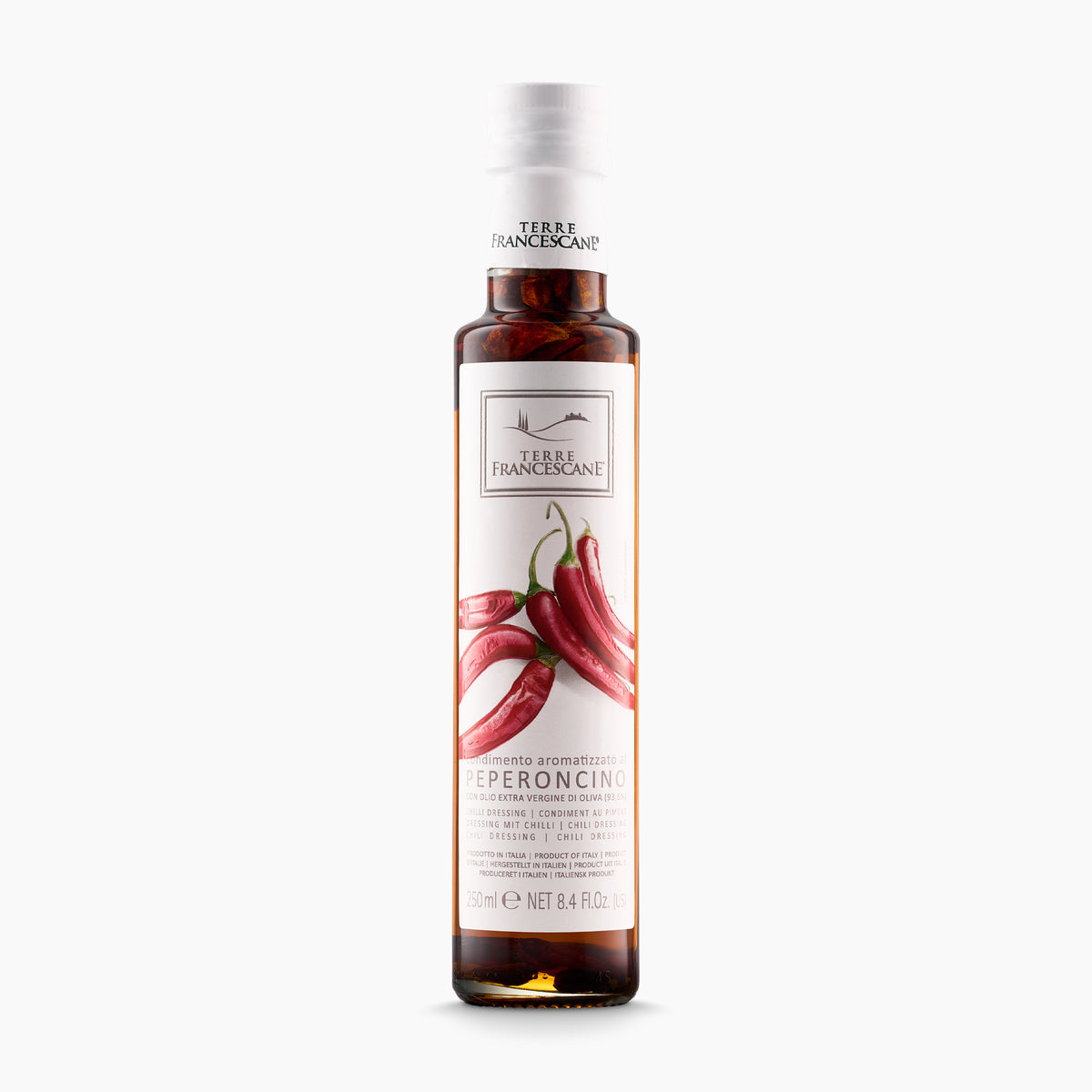 250 ml bottle of Terre Francescane Peperoncino infused extra virgin olive oil.