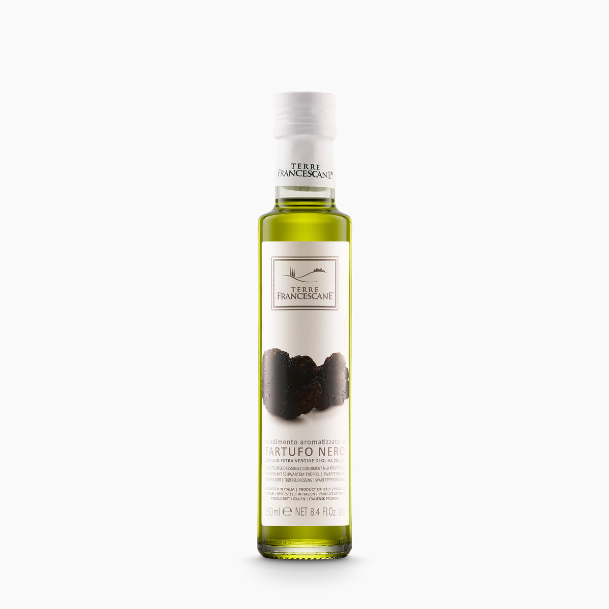 250 ml bottle of Terre Francescane Black Truffle extra virgin olive oil.