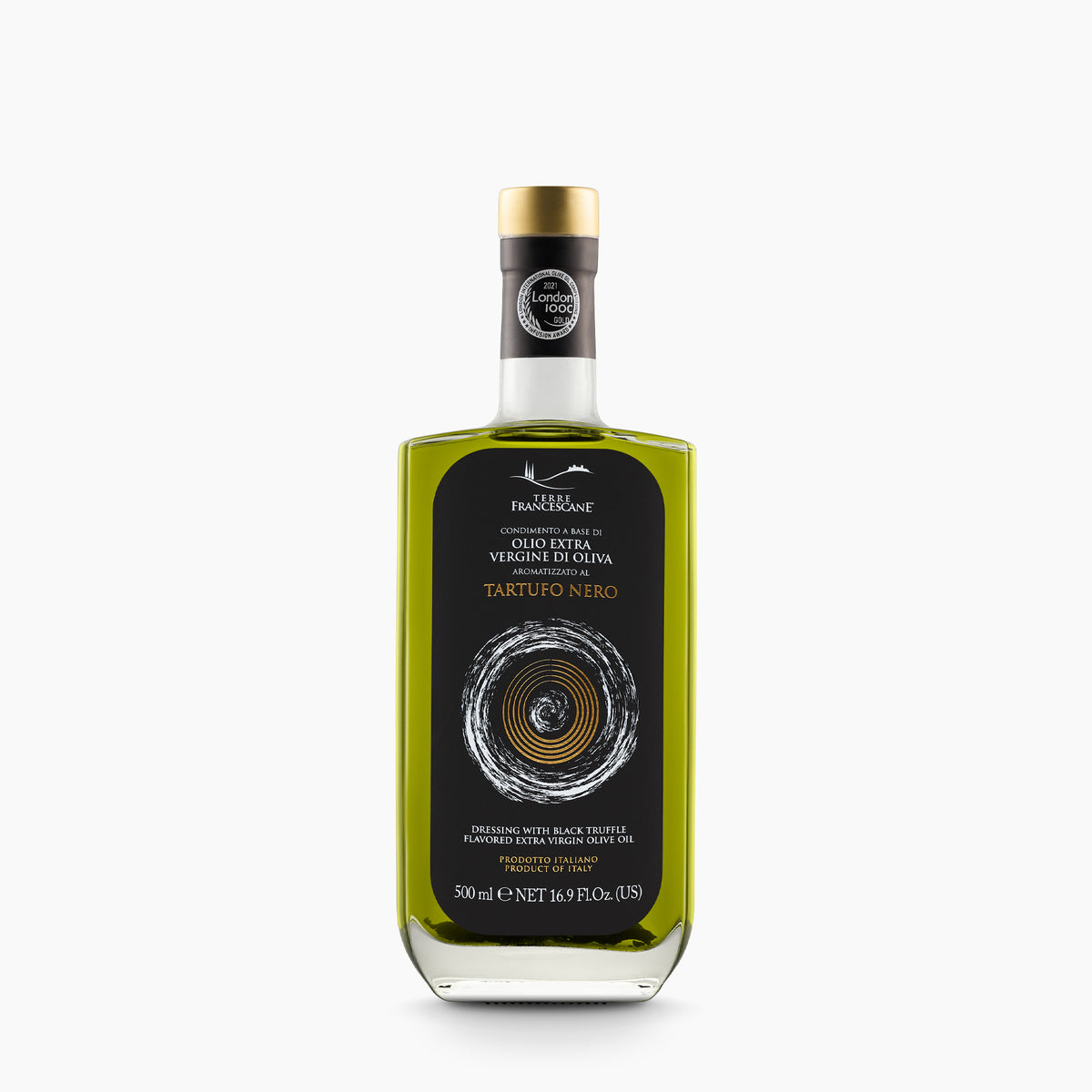 Terre Francescane Black Truffle 500 ml flavored extra virgin olive oil from Umbria, Italy.