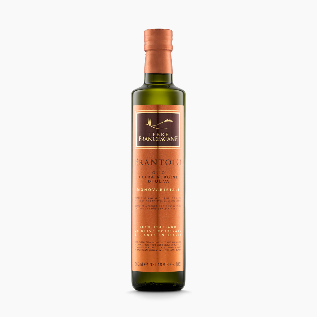 500 ml bottle of Terre Francescane Frantoio extra virgin olive oil from Umbria, Italy.