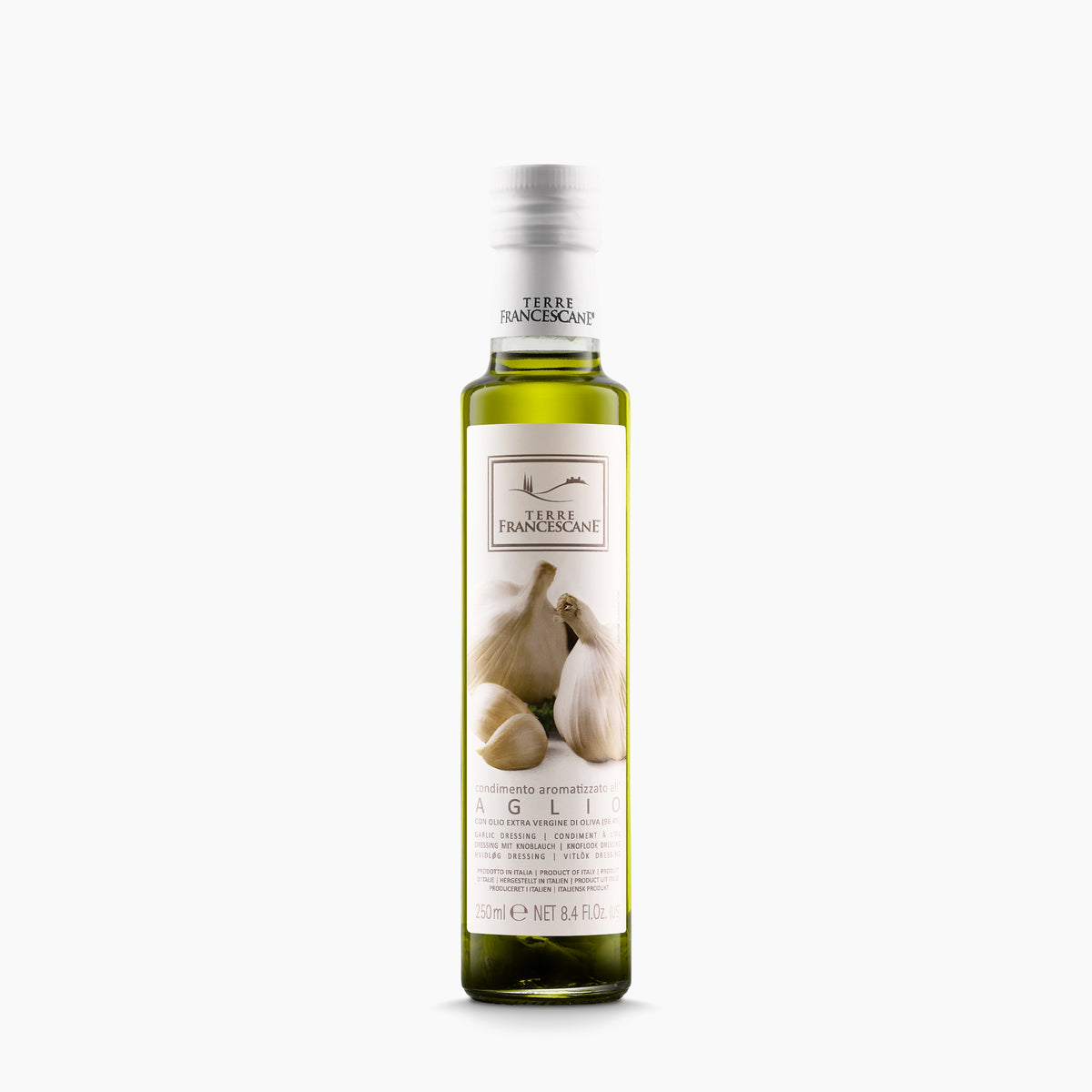 250 ml bottle of Terre Francescane Garlic infused extra virgin olive oil from Umbria, Italy.