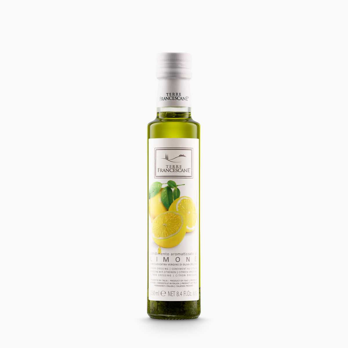 250 ml bottle of Terre Francescane Lemon infused extra virgin olive oil from Umbria, Italy.
