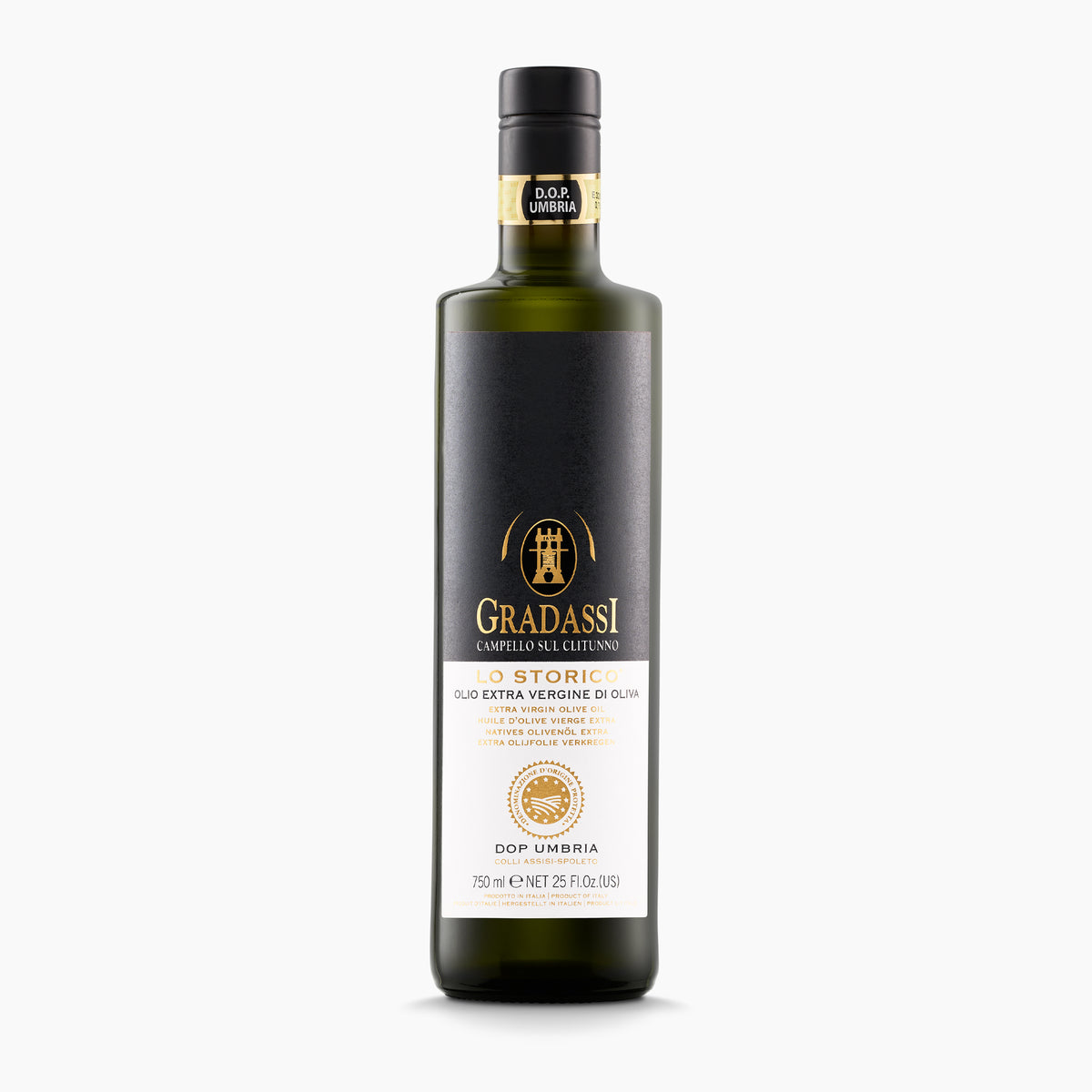 750 ml bottle of Gradassi Lo Storico DOP Assisi Spoleto extra virgin olive oil from Umbria, Italy.