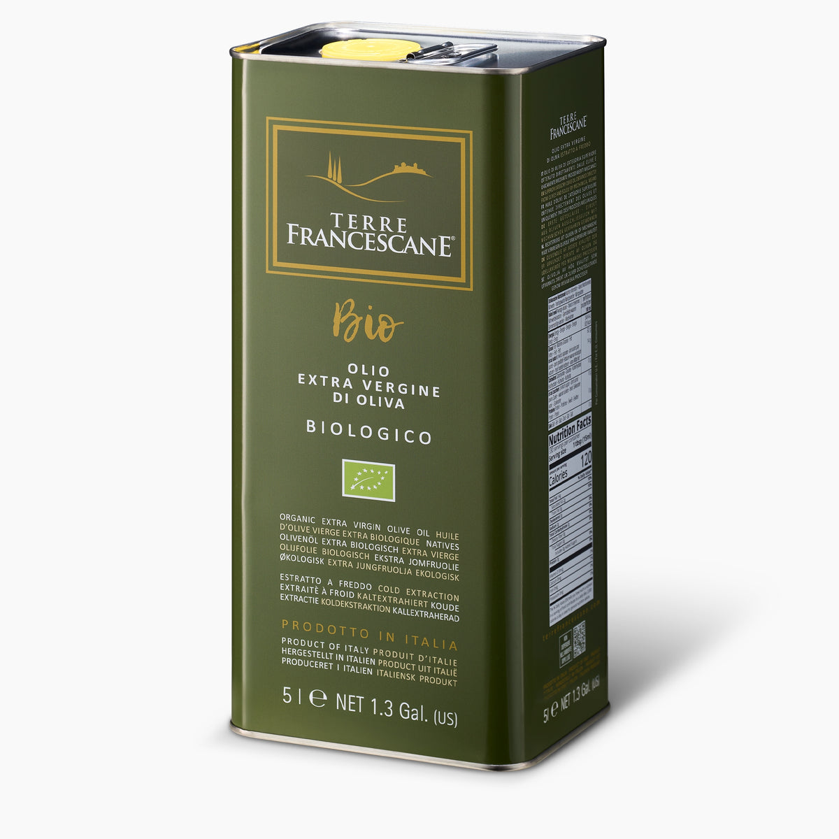Angled view of Terre Francescane Organic 5L Tin extra virgin olive oil.