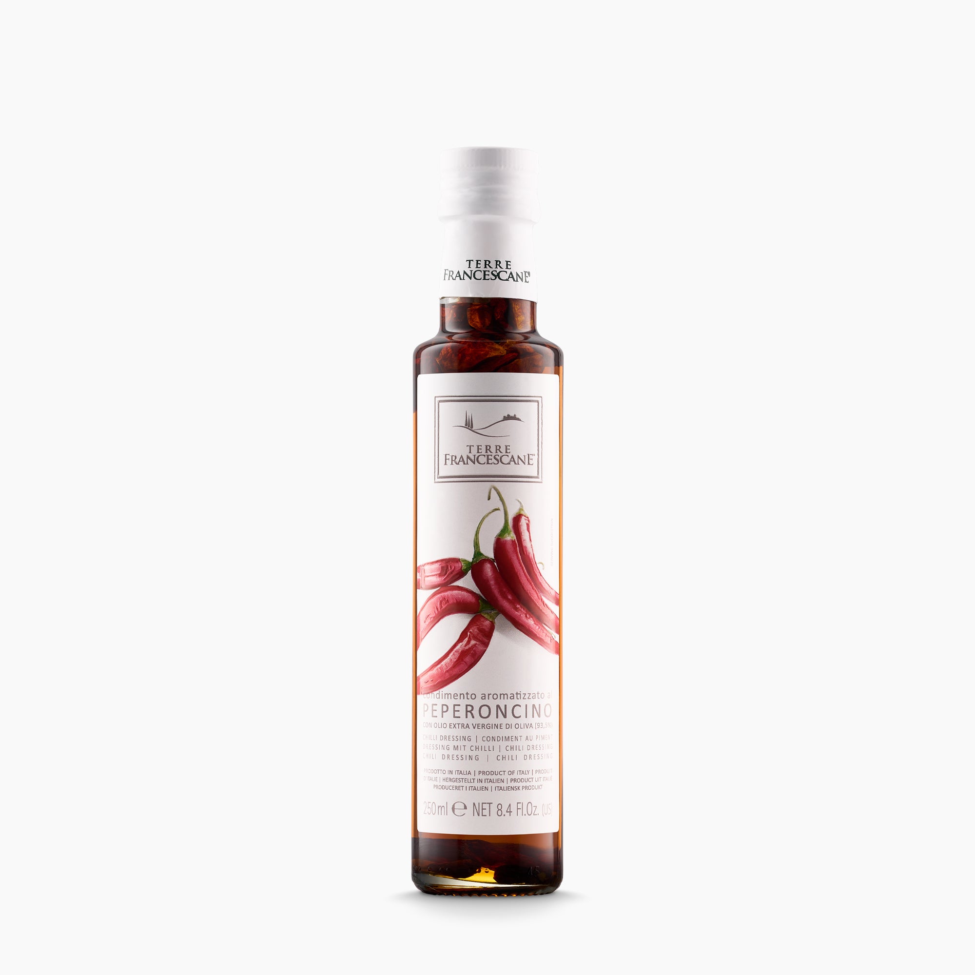 250 ml bottle of Terre Francescane Peperoncino infused extra virgin olive oil.