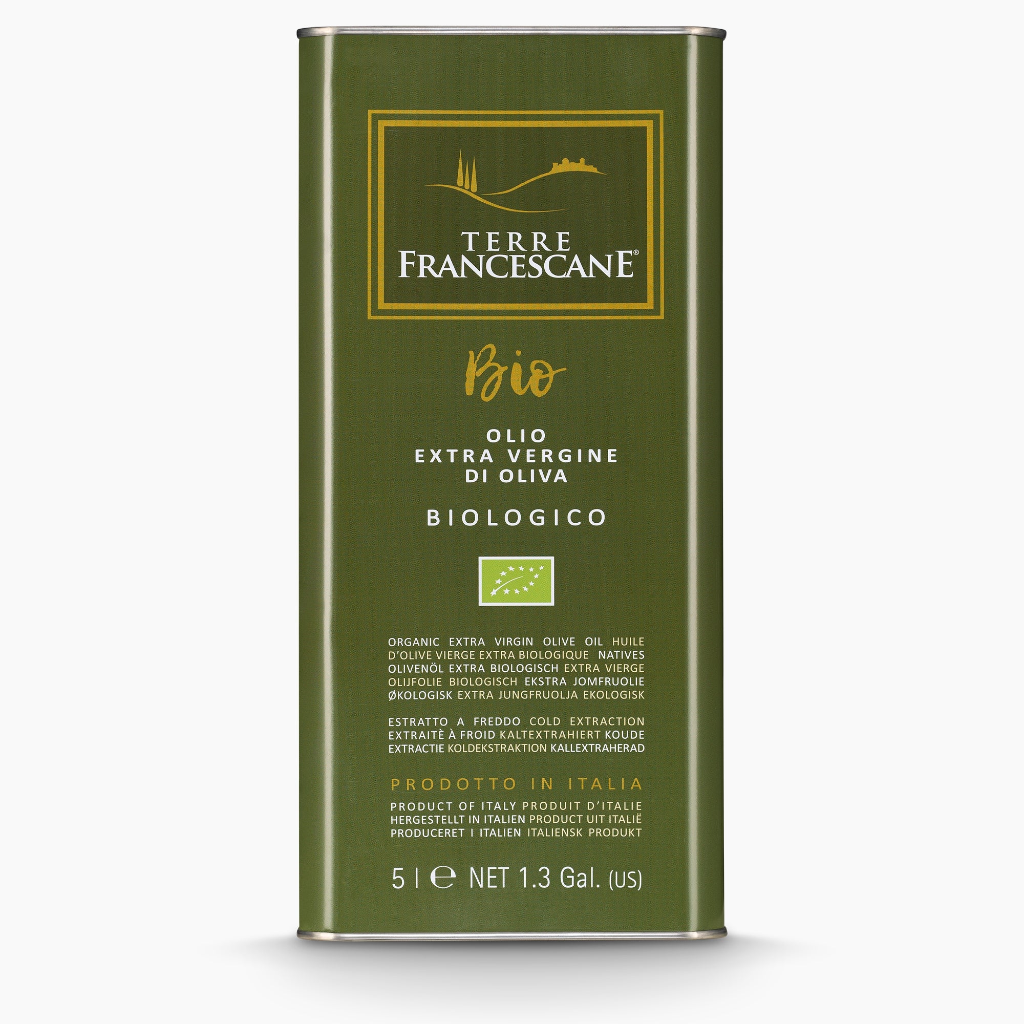 A 5L Tin of Terre Francescane Organic extra virgin olive oil from Umbria, Italy.