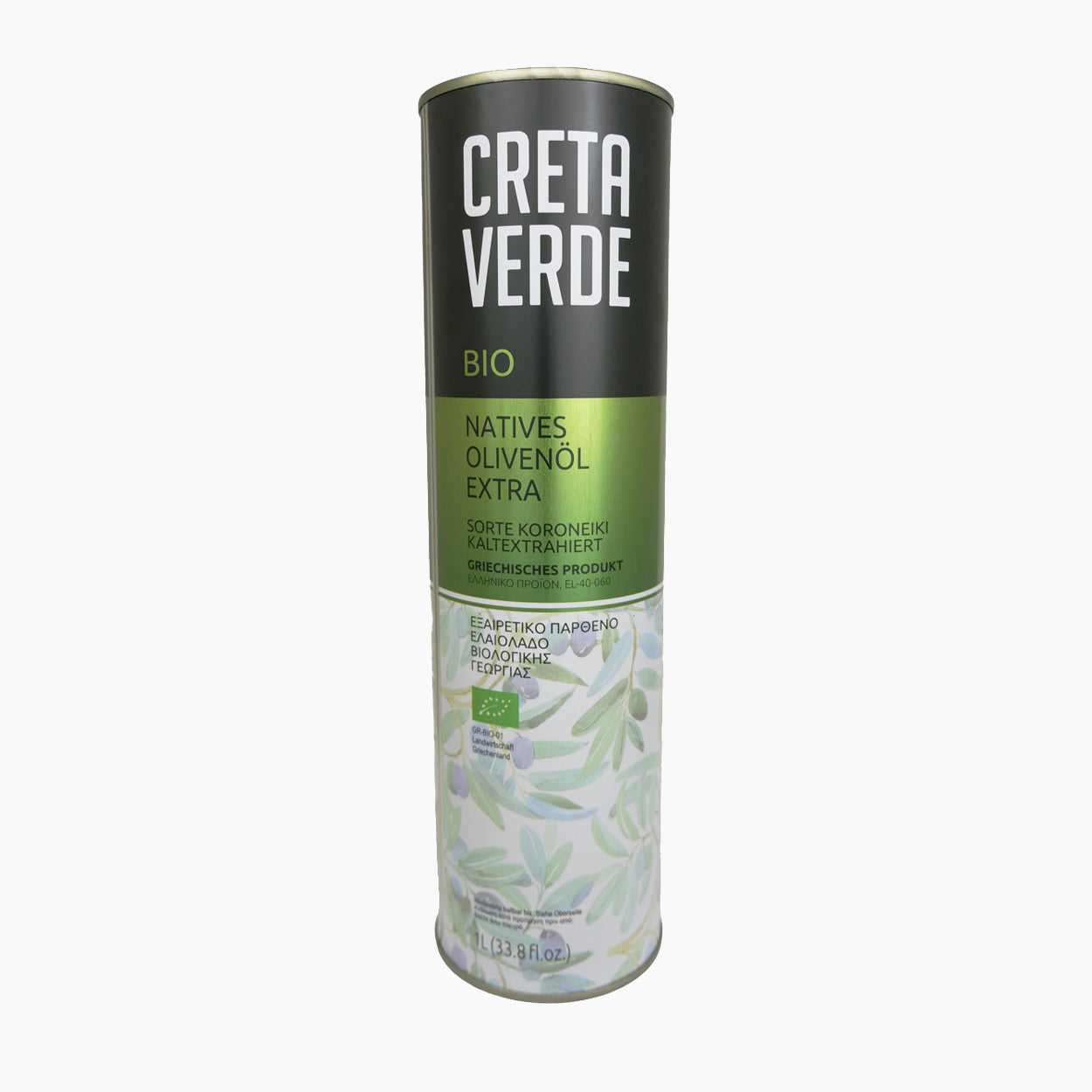 A 1L Tin of Creta Verde Organic extra virgin olive oil, from Crete, Greece.