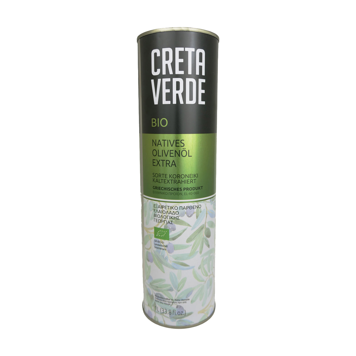 A 1L Tin of Creta Verde Organic extra virgin olive oil, from Crete, Greece.