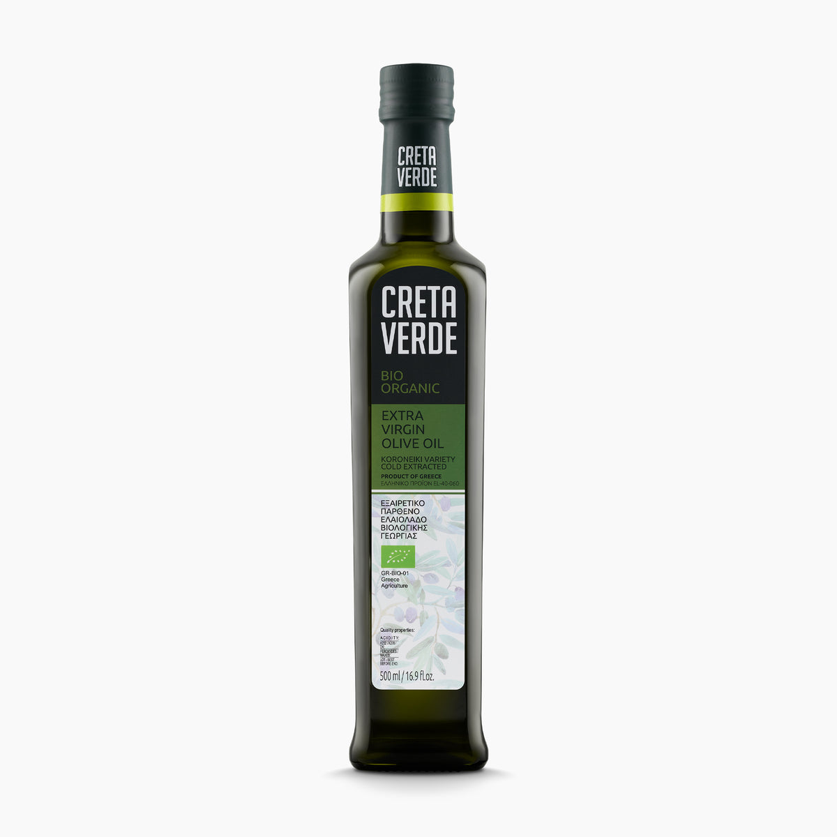 500ml bottle of Creta Verde Organic extra virgin olive oil from Crete, Greece.