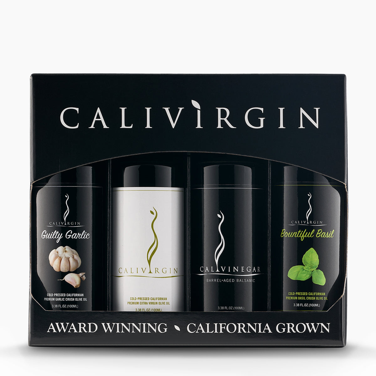 Calivirgin gift box with four 100ml bottles of garlic olive oil, premium olive oil, balsamic vinegar, and basil olive oil.