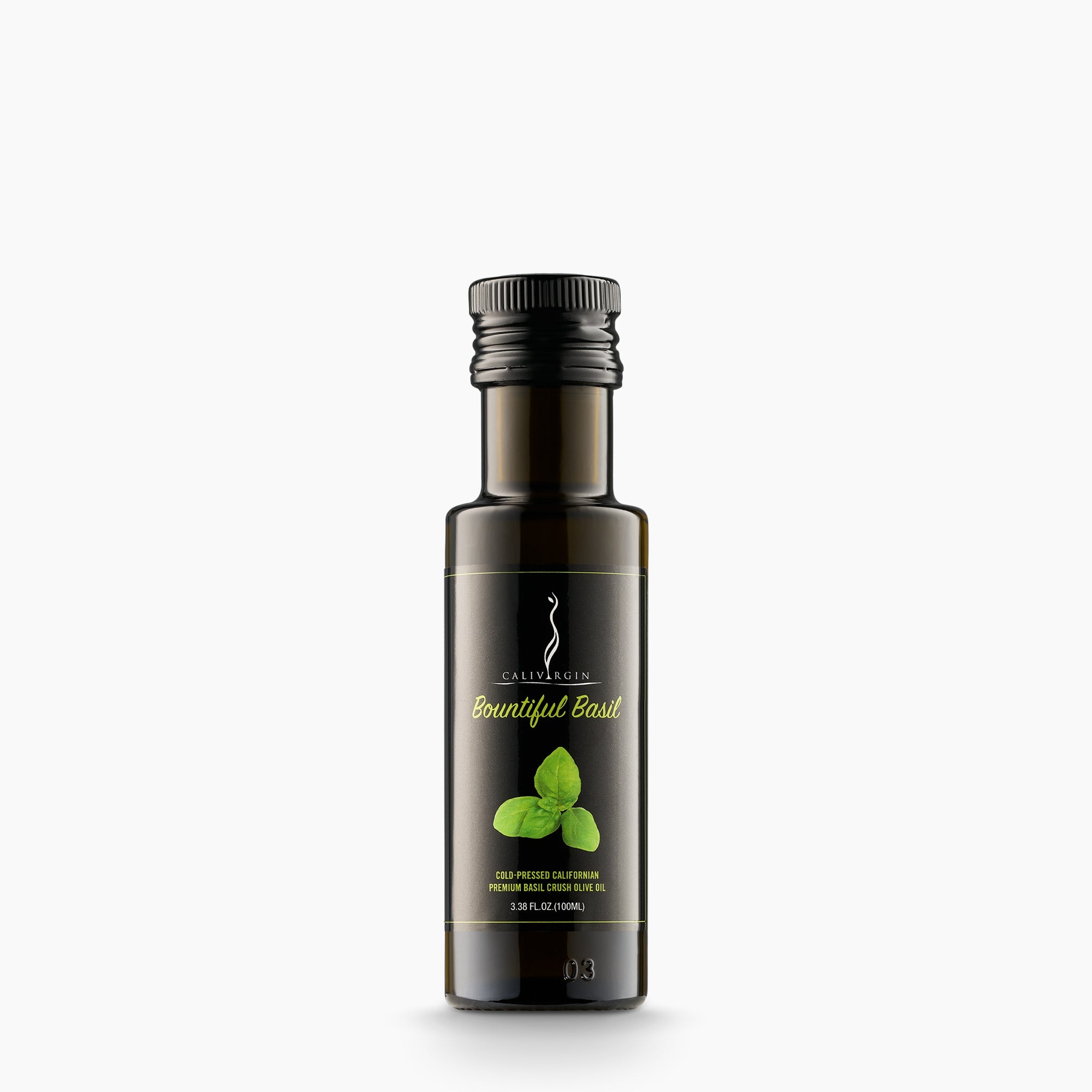 100 ml bottle of Calivirgin Bountiful Basil olive oil.