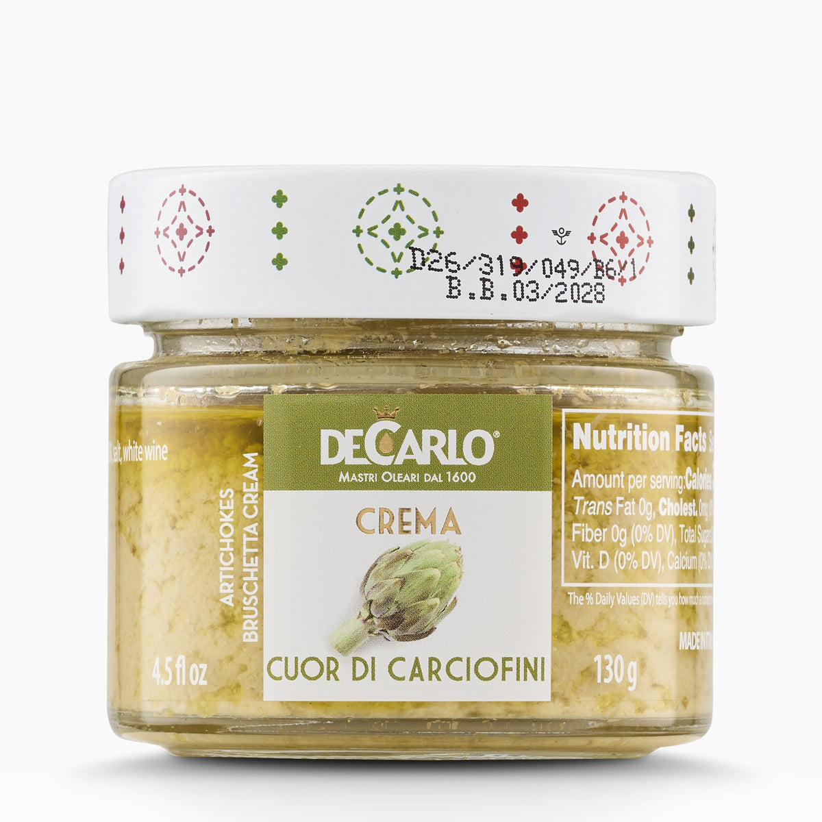 De Carlo Artichoke Heart Bruschetta Cream in a 130g glass jar.