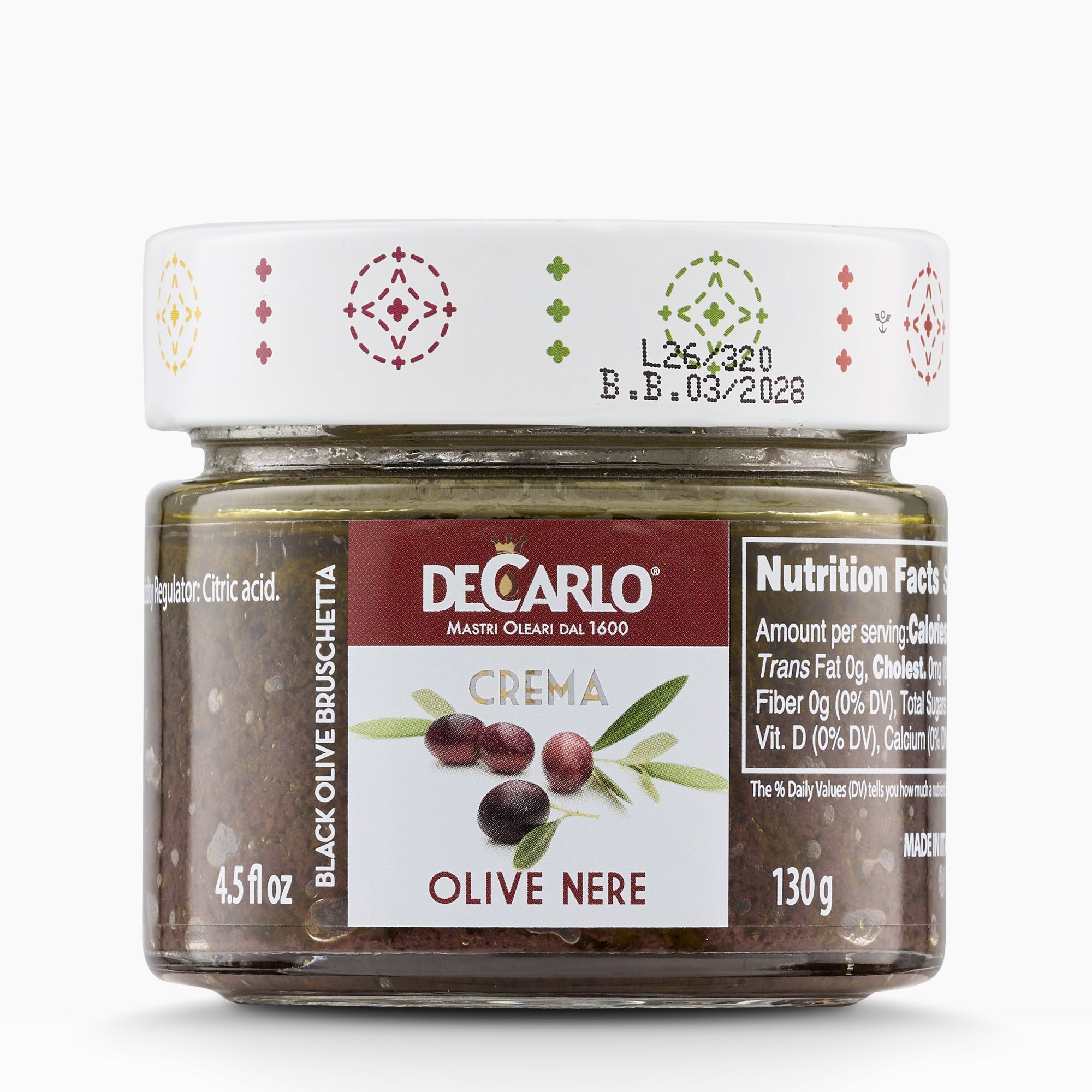 De Carlo Black Olive Bruschetta Cream in a 130g glass jar.