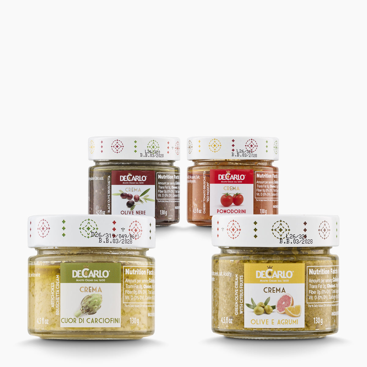 Four 130g De Carlo bruschetta spreads: artichoke, cherry tomato, black olive, and green olive with citrus.
