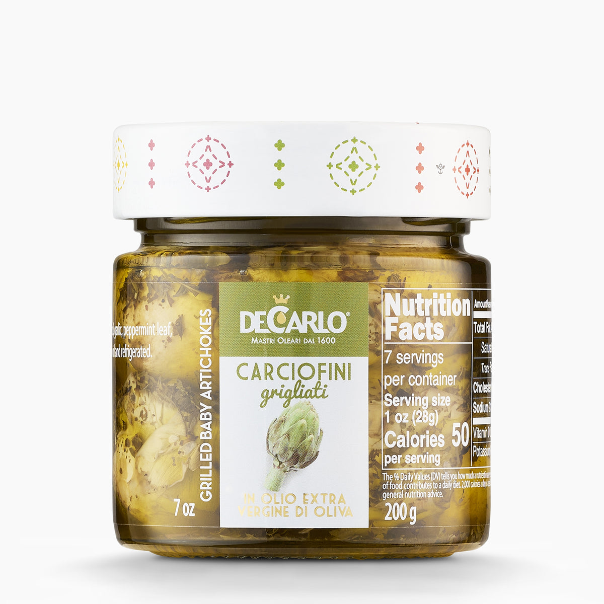 200g jar of De Carlo Grilled Artichokes from Italy.