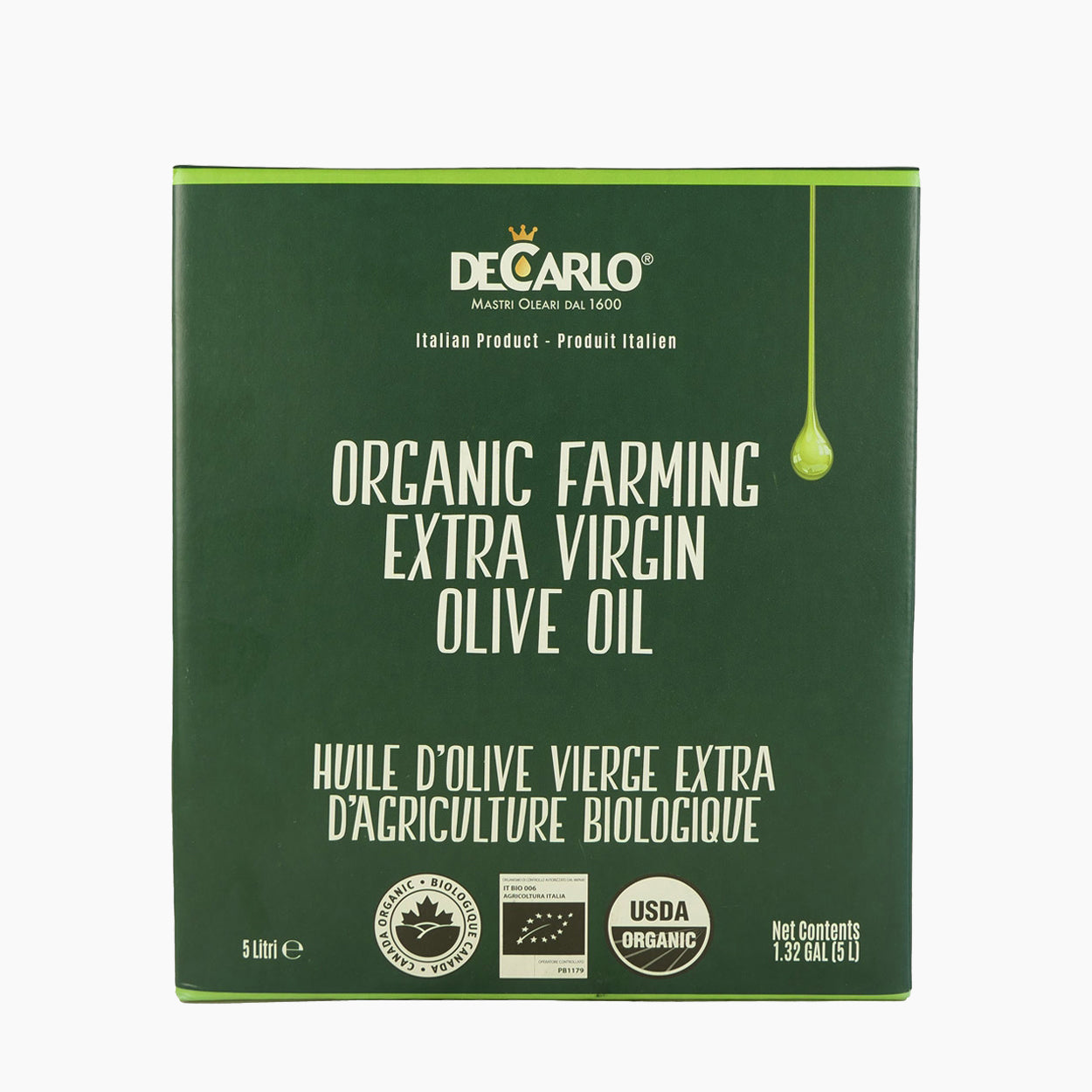 5L Bag-in-Box of De Carlo Il Biologico extra virgin olive oil from Puglia, Italy.
