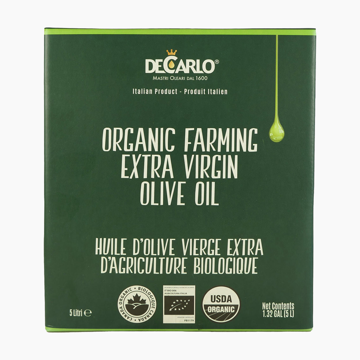 5L Bag-in-Box of De Carlo Il Biologico extra virgin olive oil from Puglia, Italy.