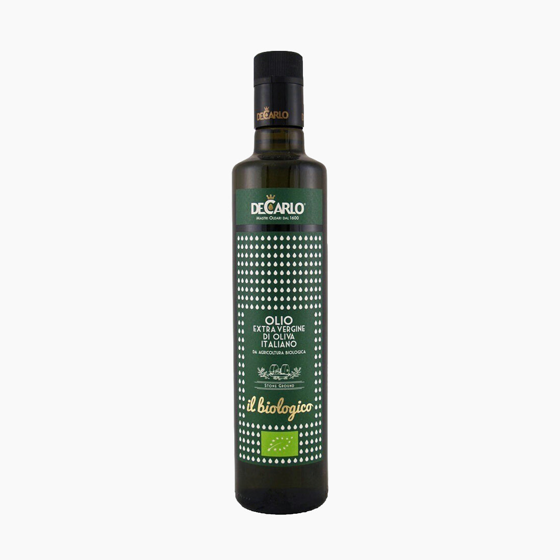 De Carlo Il Biologico 500 ml extra virgin olive oil bottle, from Puglia, Italy.
