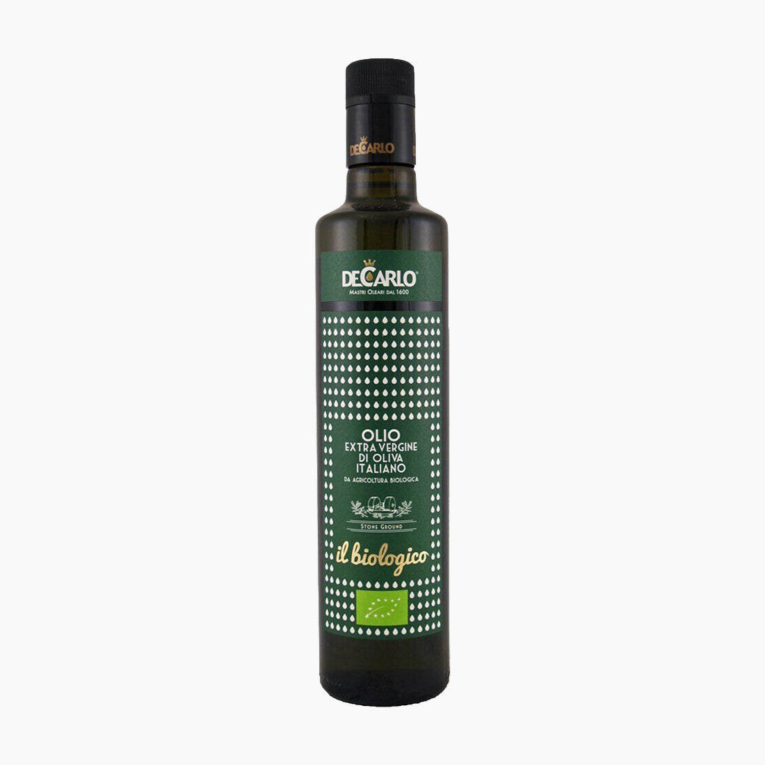 De Carlo Il Biologico 500 ml extra virgin olive oil bottle, from Puglia, Italy.
