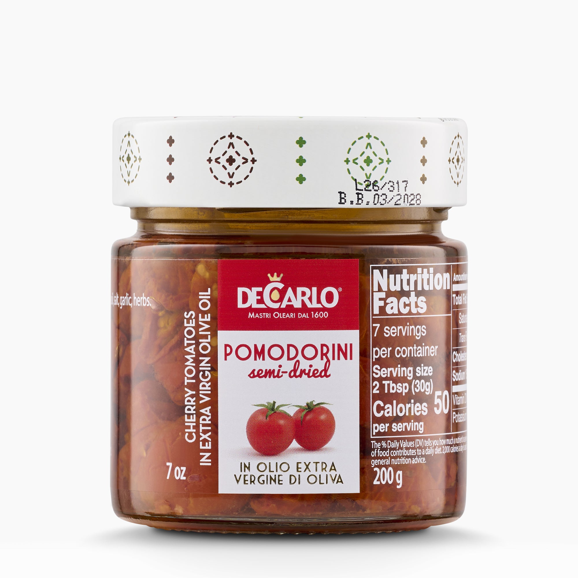 200g jar of De Carlo Pomodorini Semi-Dried Cherry Tomatoes from Puglia, Italy.