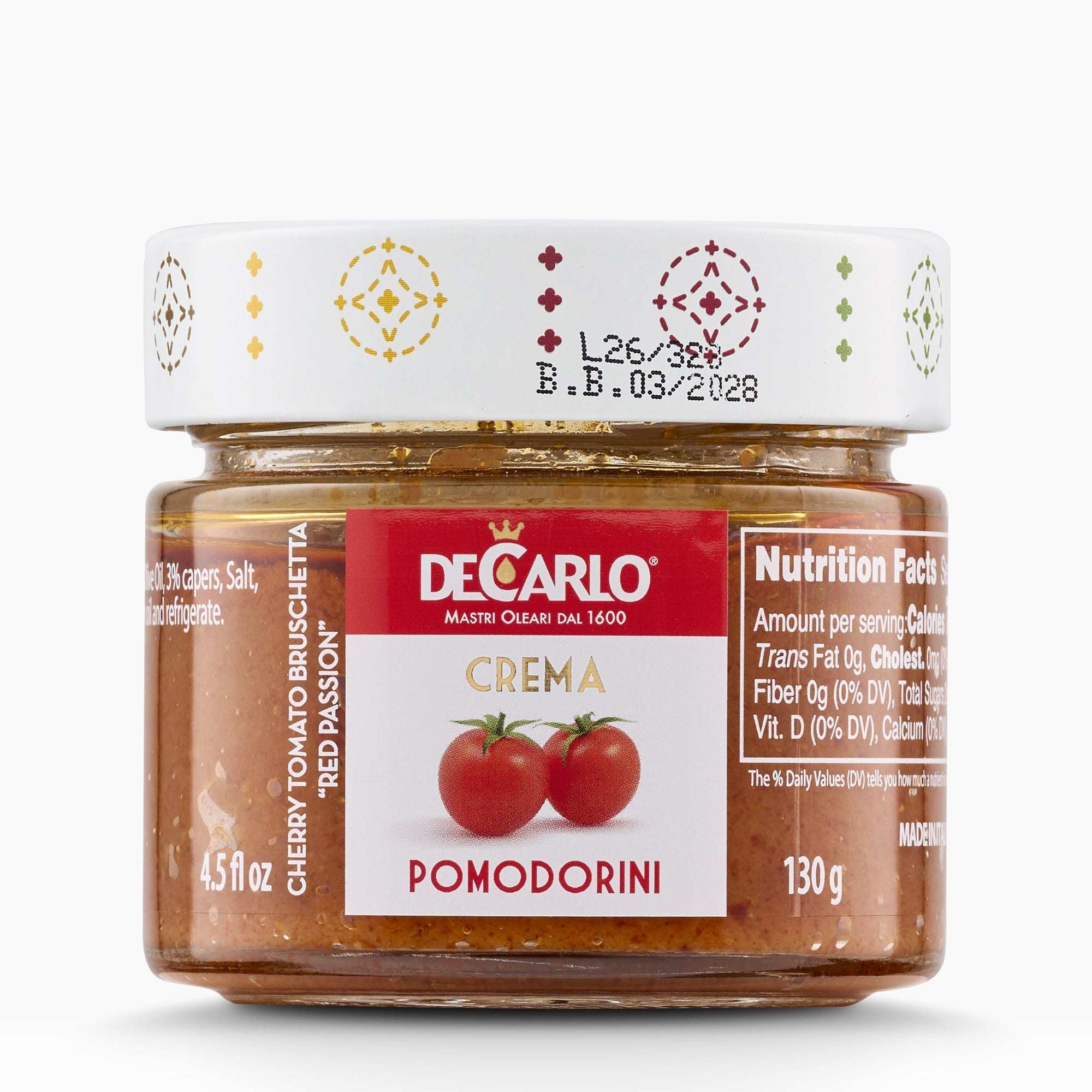 De Carlo Red Passion Cherry Tomato Bruschetta Cream in a 130g glass jar.