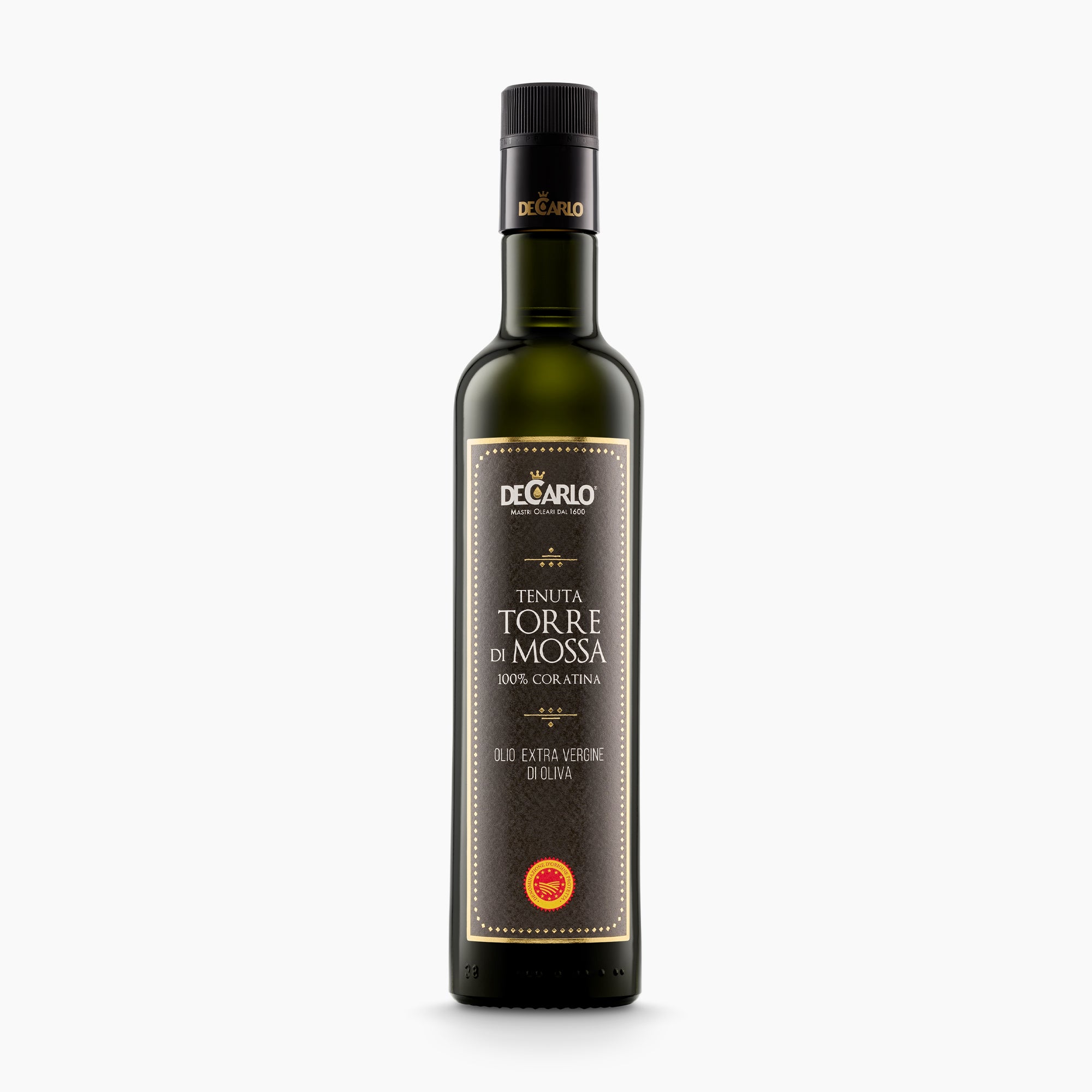 A 500 ml bottle of De Carlo Tenuta Torre di Mossa DOP Terra di Bari extra virgin olive oil, from Puglia, Italy.