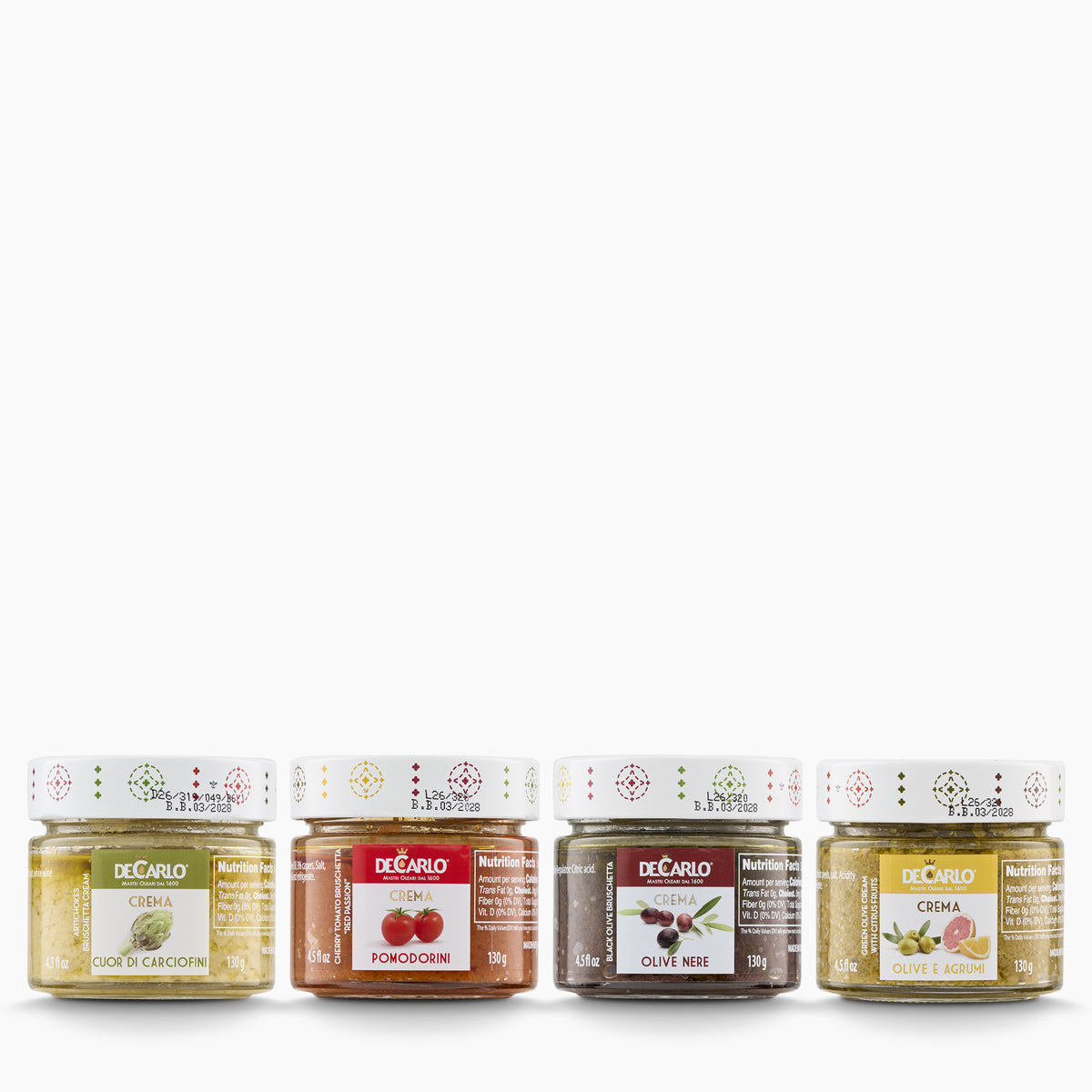 Four 130g De Carlo bruschetta spreads: artichoke, cherry tomato, black olive, and green olive with citrus.