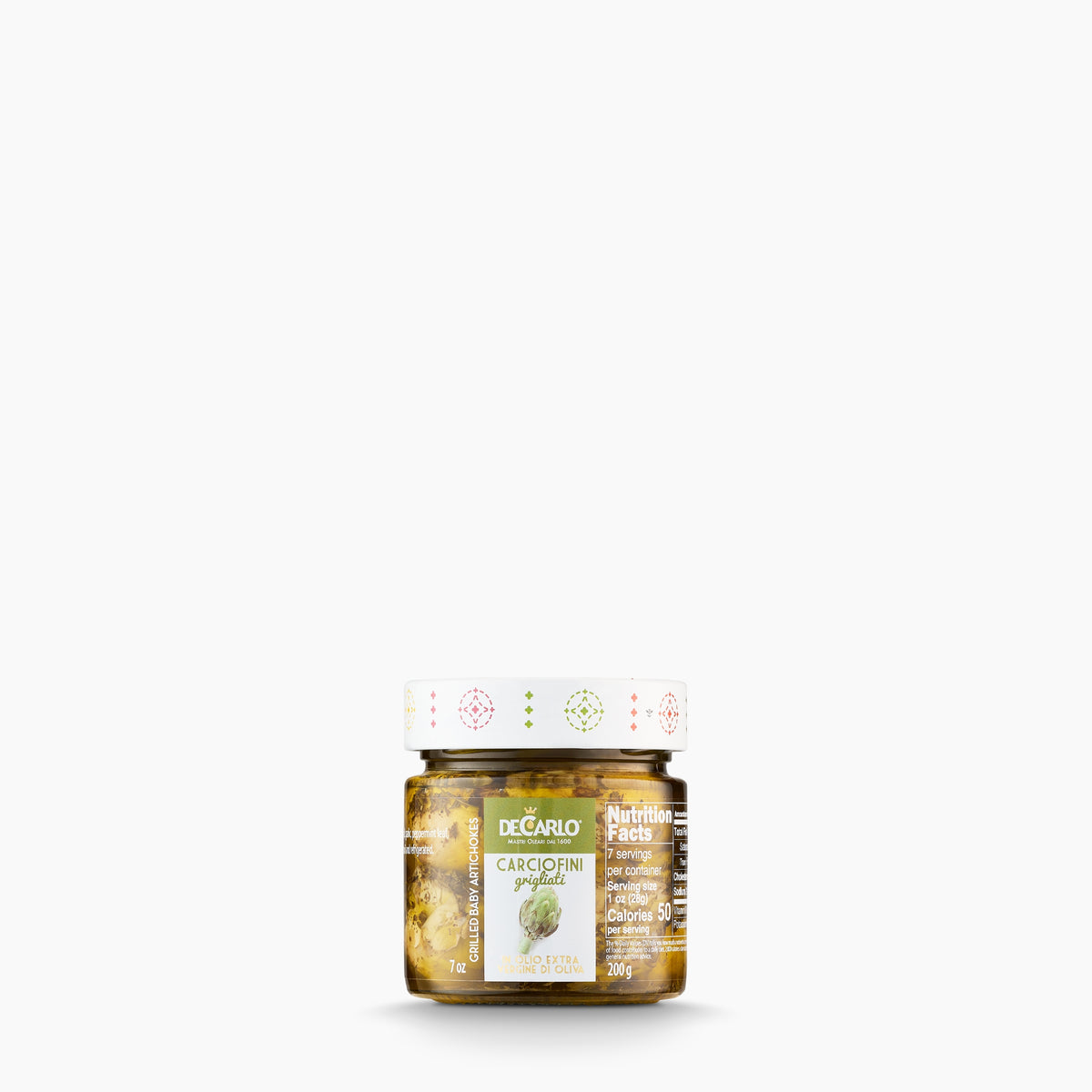200g jar of De Carlo Grilled Artichokes from Italy.