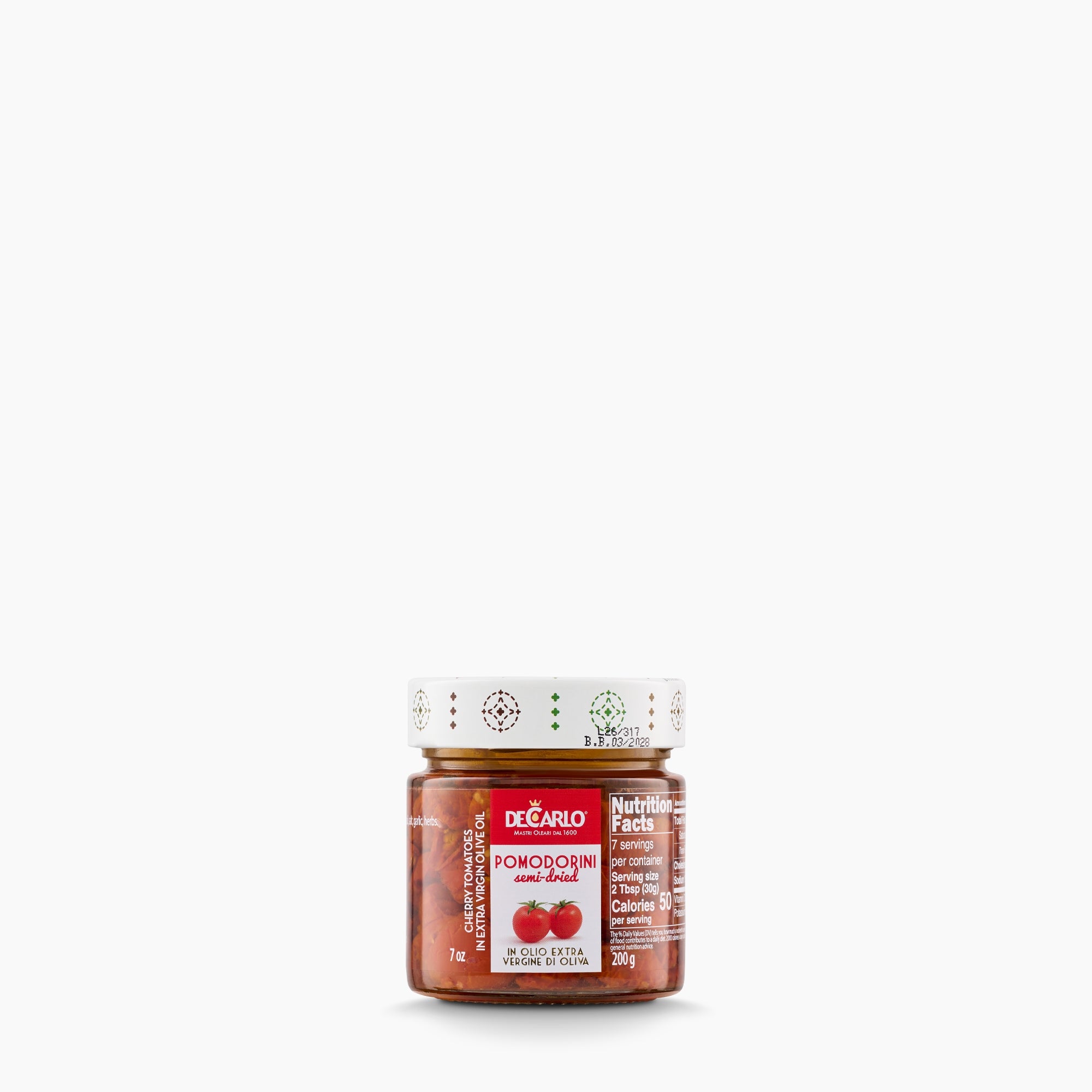 200g jar of De Carlo Pomodorini Semi-Dried Cherry Tomatoes from Puglia, Italy.