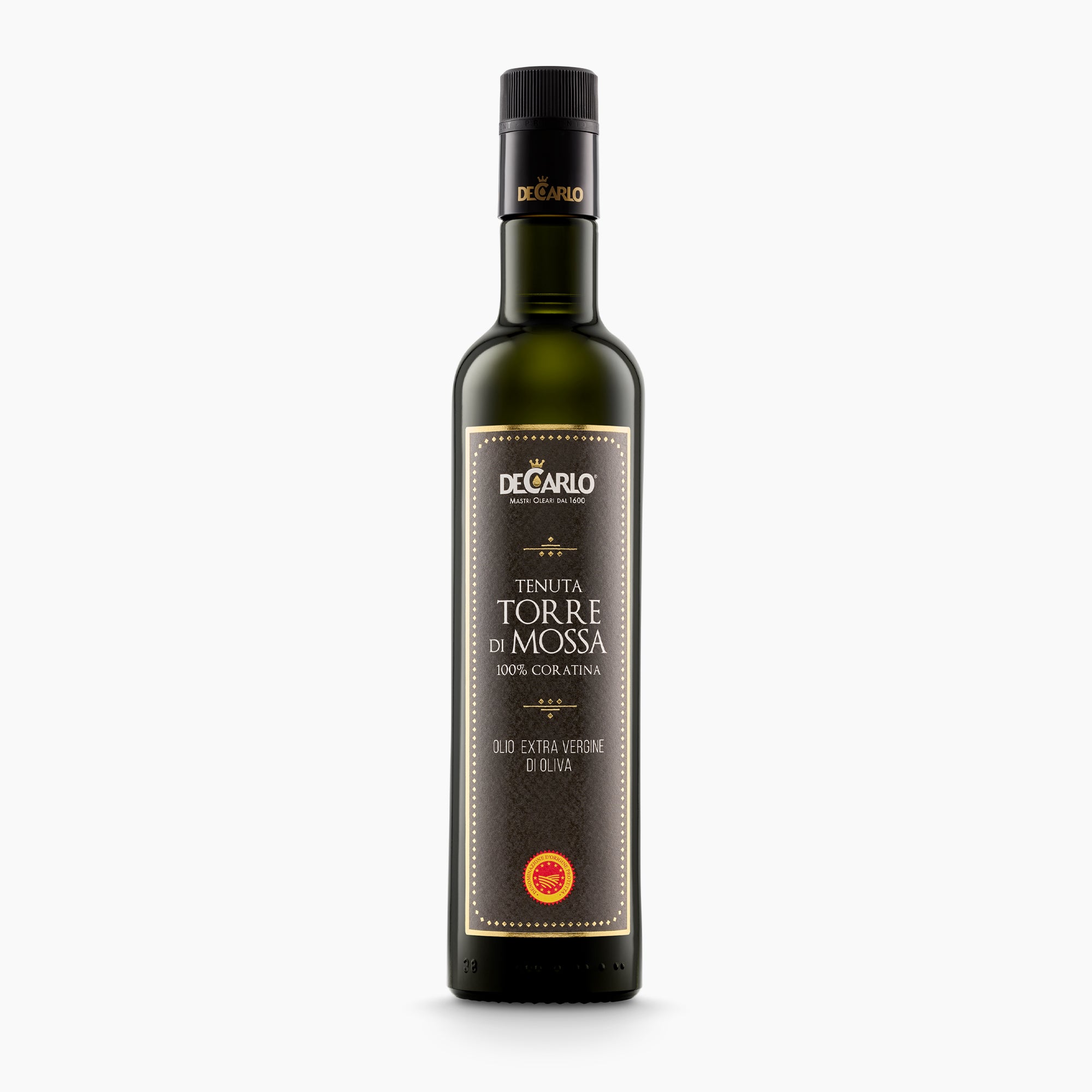 A 500 ml bottle of De Carlo Tenuta Torre di Mossa DOP Terra di Bari extra virgin olive oil, from Puglia, Italy.