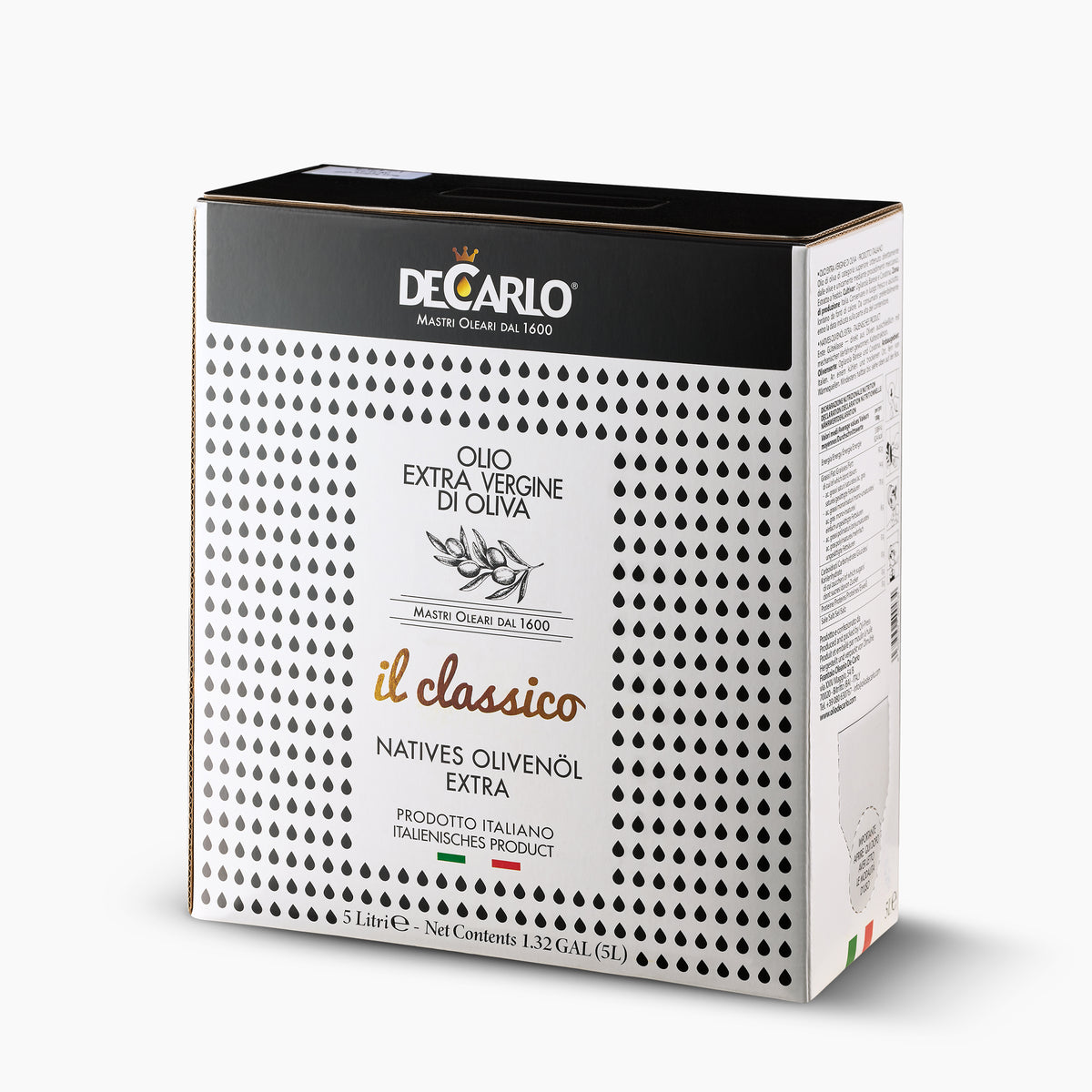 Angled view of De Carlo Il Classico 5L Bag-in-Box extra virgin olive oil from Puglia, Italy.