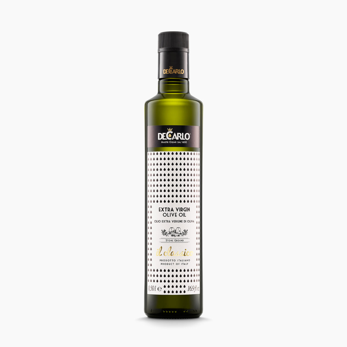 500 ml bottle of De Carlo il Classico extra virgin olive oil from Puglia, Italy.