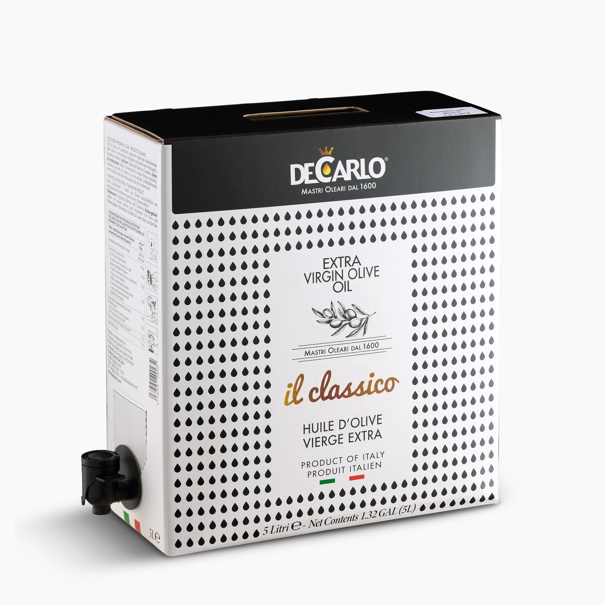 De Carlo Il Classico 5L Bag-in-Box extra virgin olive oil with dispensing spout extended.