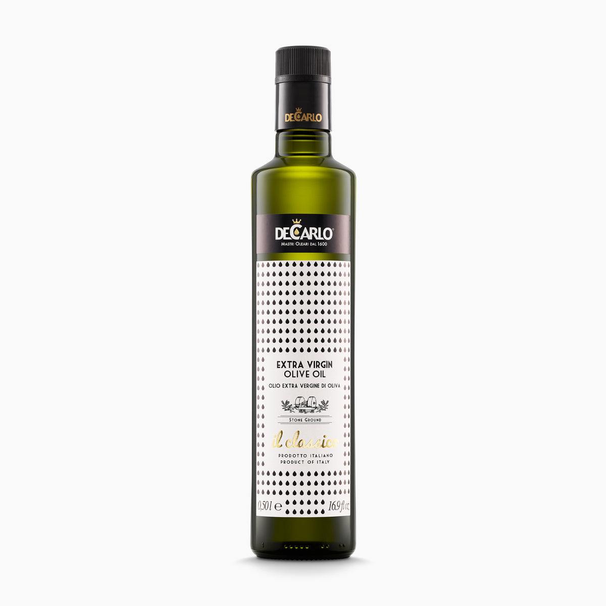 500 ml bottle of De Carlo il Classico extra virgin olive oil from Puglia, Italy.