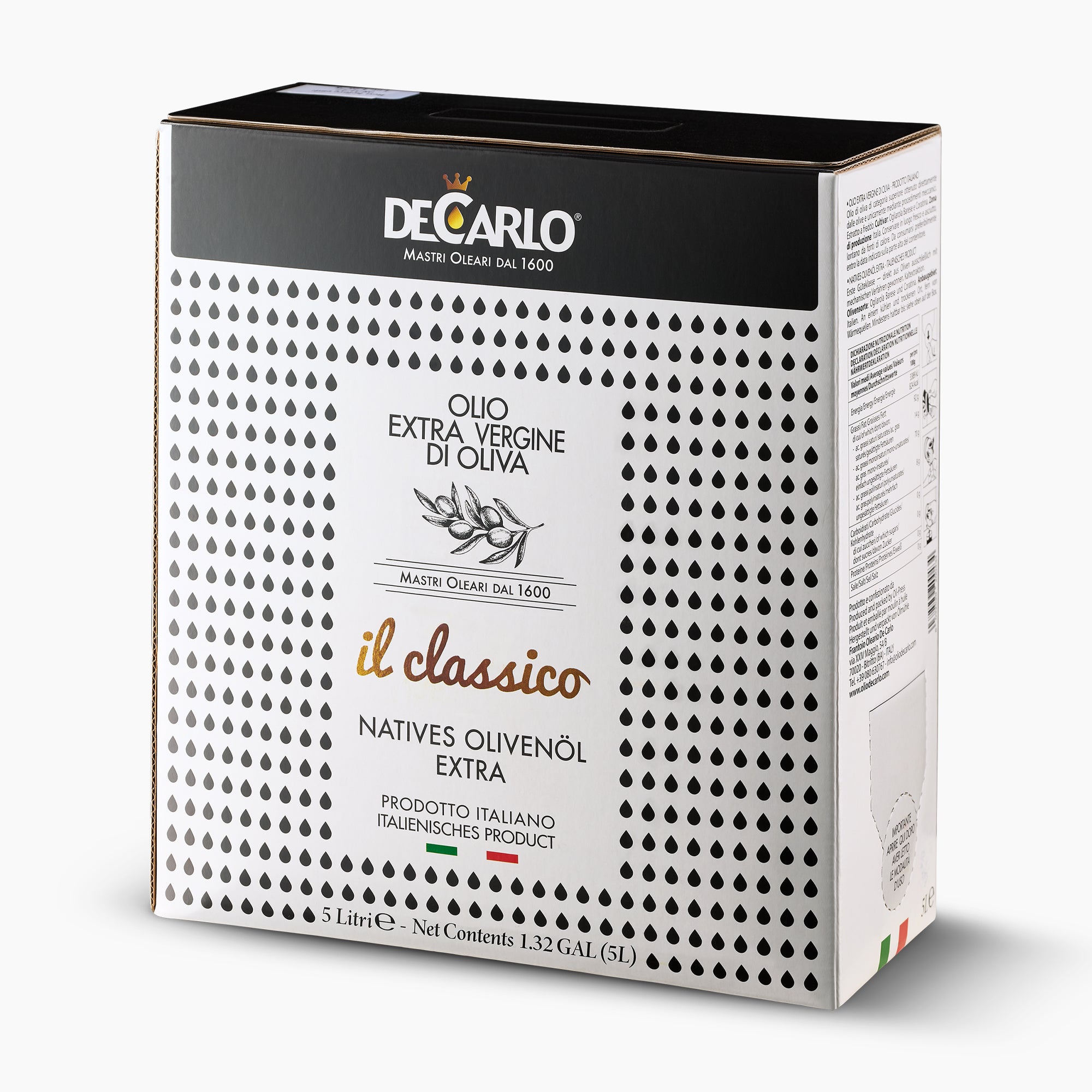 Angled view of De Carlo Il Classico 5L Bag-in-Box extra virgin olive oil from Puglia, Italy.