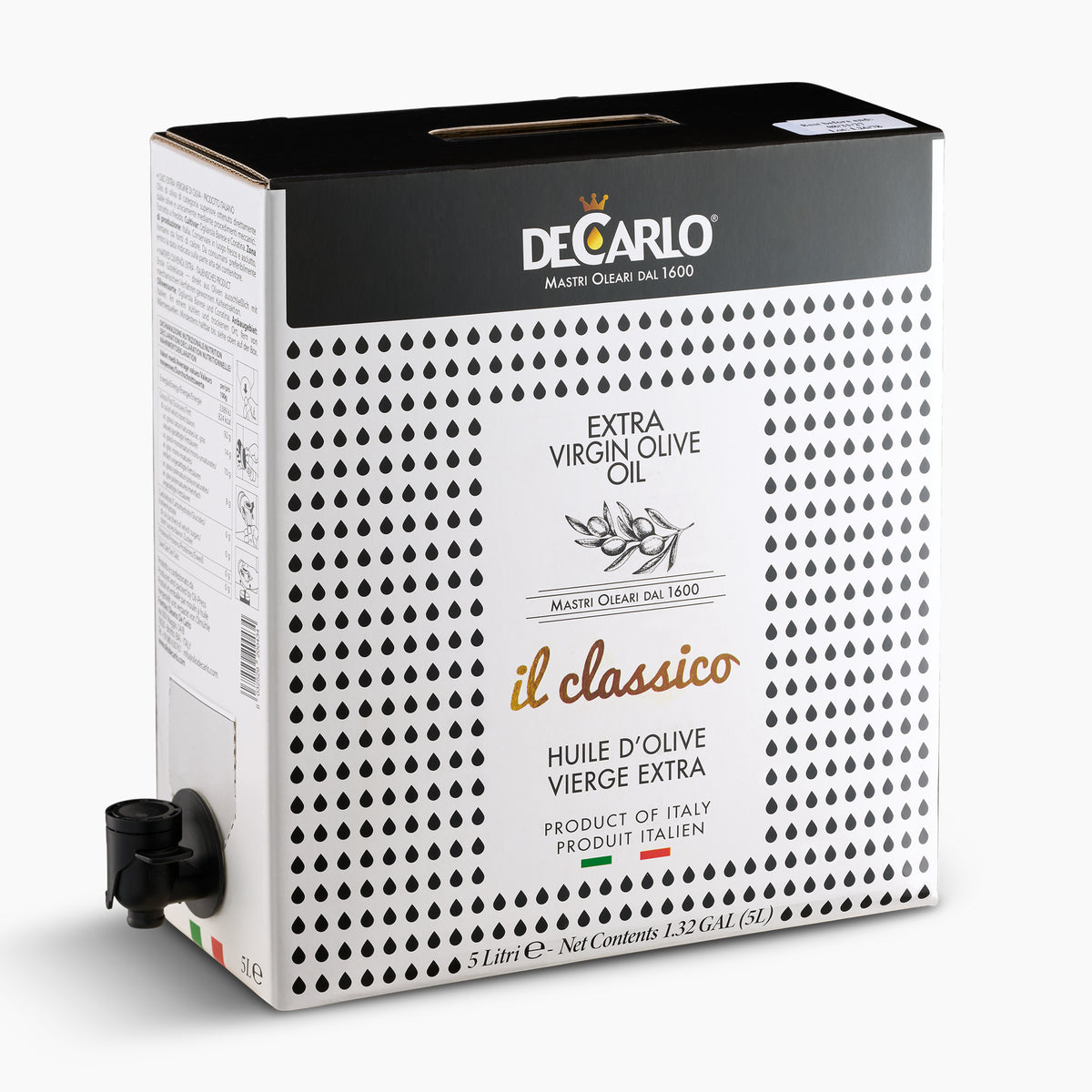 De Carlo Il Classico 5L Bag-in-Box extra virgin olive oil with dispensing spout extended.