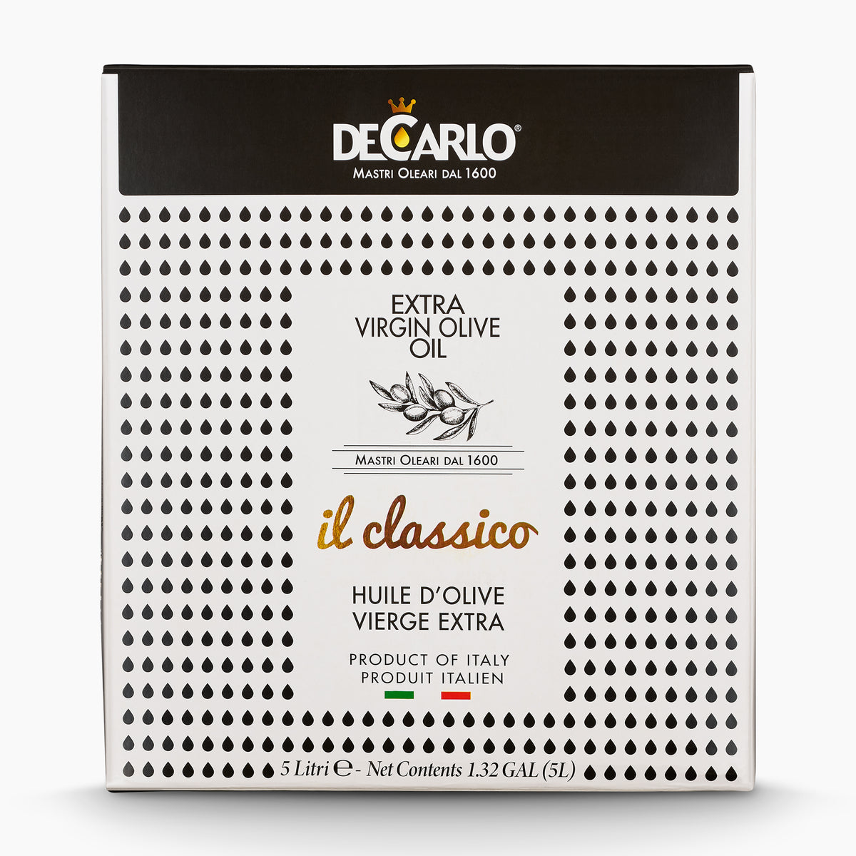 A 5L Bag-in-Box of De Carlo Il Classico extra virgin olive oil from Puglia, Italy.