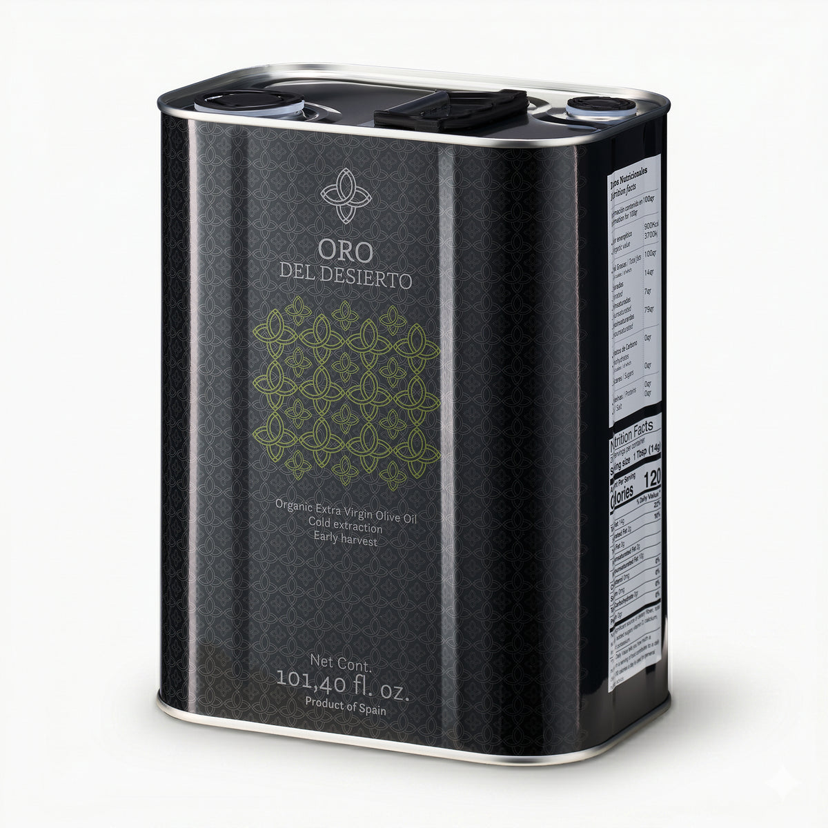 Angled view of Oro del Desierto Organic extra virgin olive oil 3L tin.