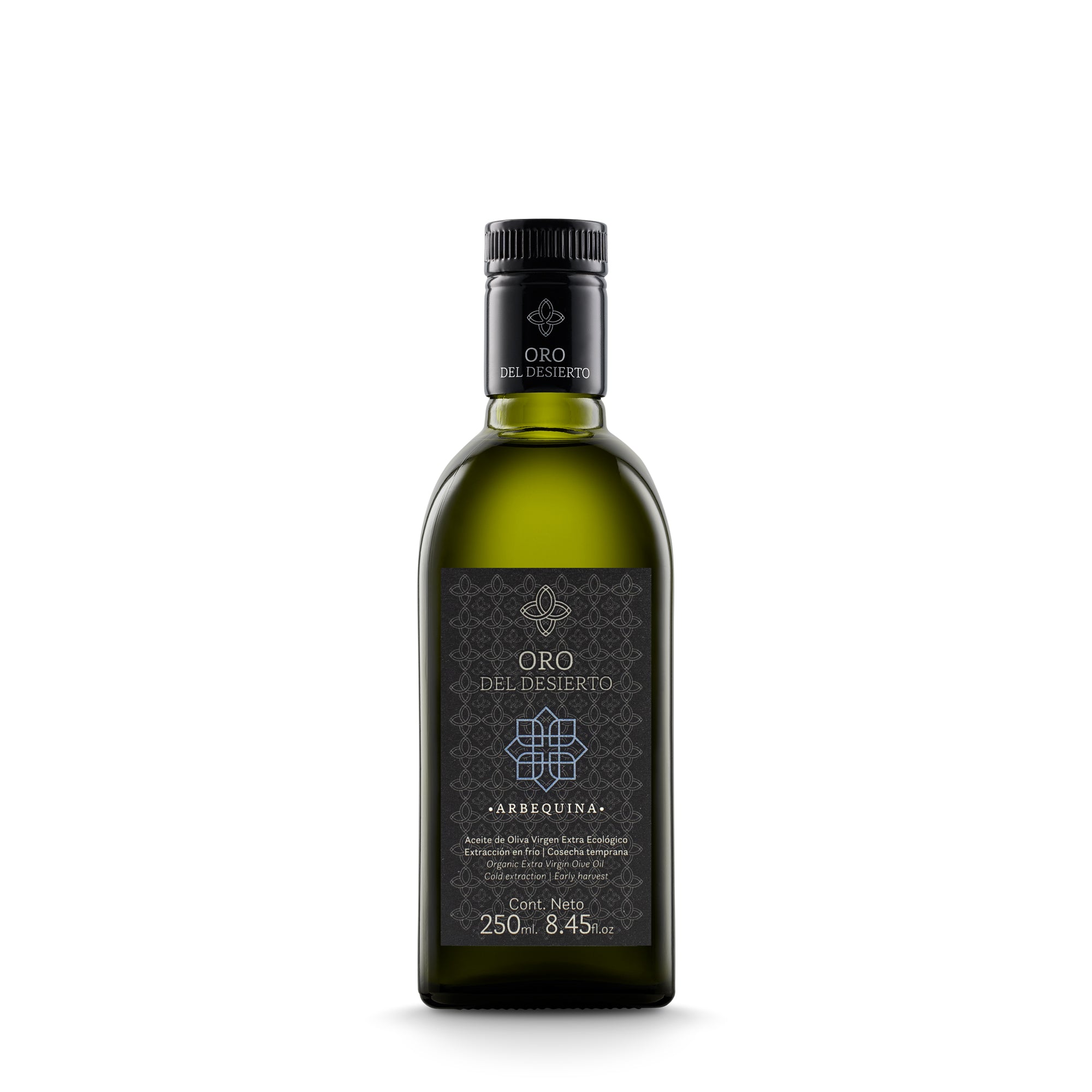 250 ml bottle of Oro del Desierto Organic Arbequina extra virgin olive oil from Andalusia, Spain.